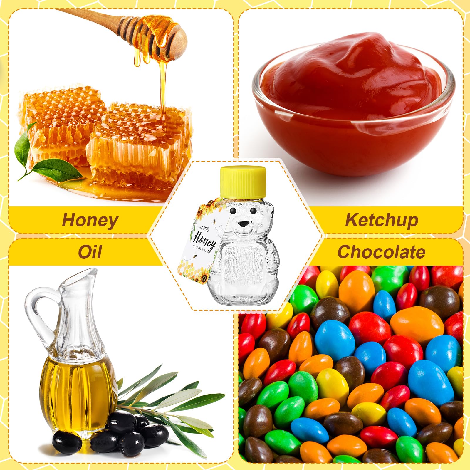 Foldtier 50 Sets 2Oz Plastic Honey Bear Bottle Gifts 50 Bear Shape Clear Empty Honey Jar With Screw Yellow Lid 50 Tags 2 Rolls J