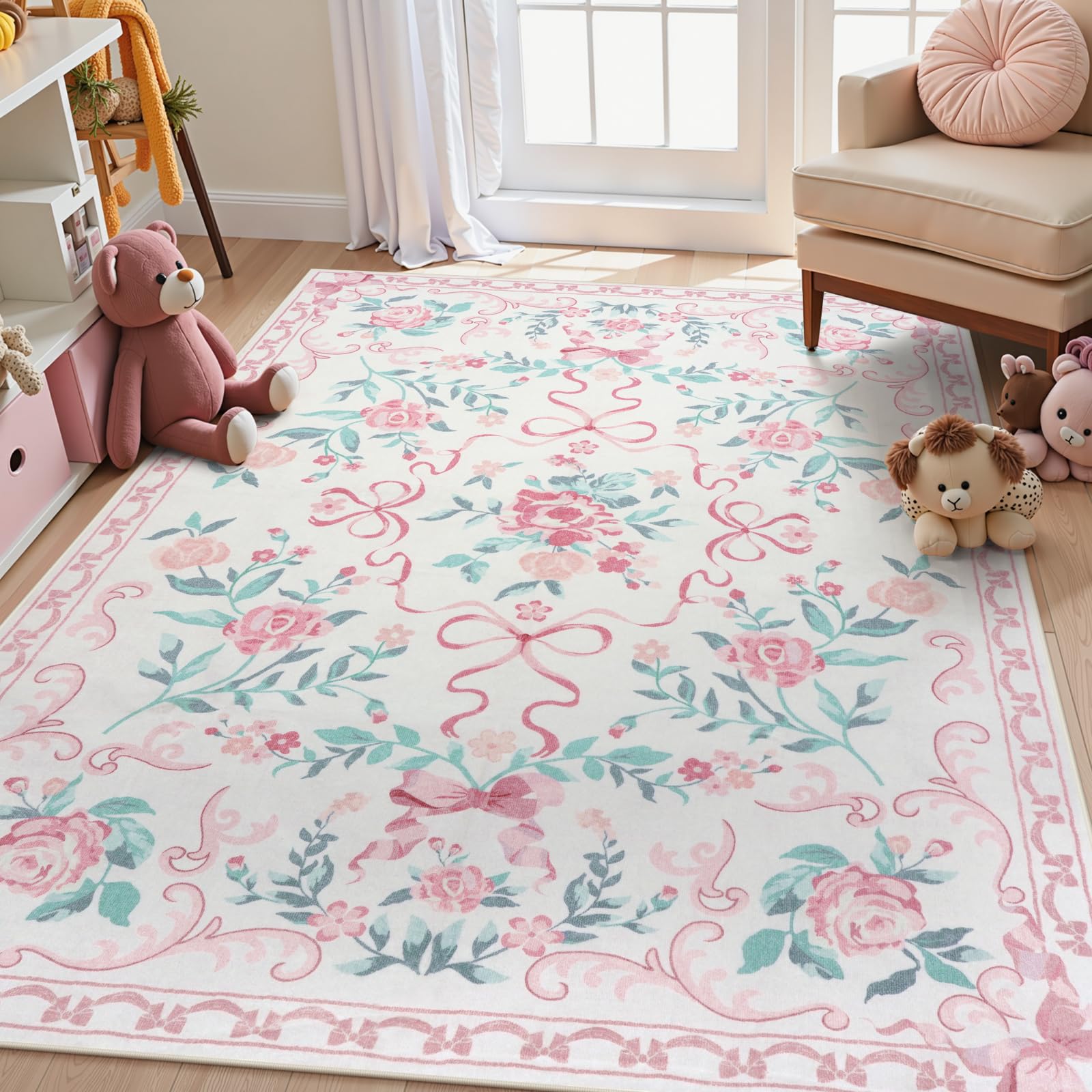 Collive Pink Floral Rugs for Bedroom Girls, 5x7 Bow Nursery Rug for Dorm Washable Area Rug for Living Room, Cute Ultra-Thin Non 