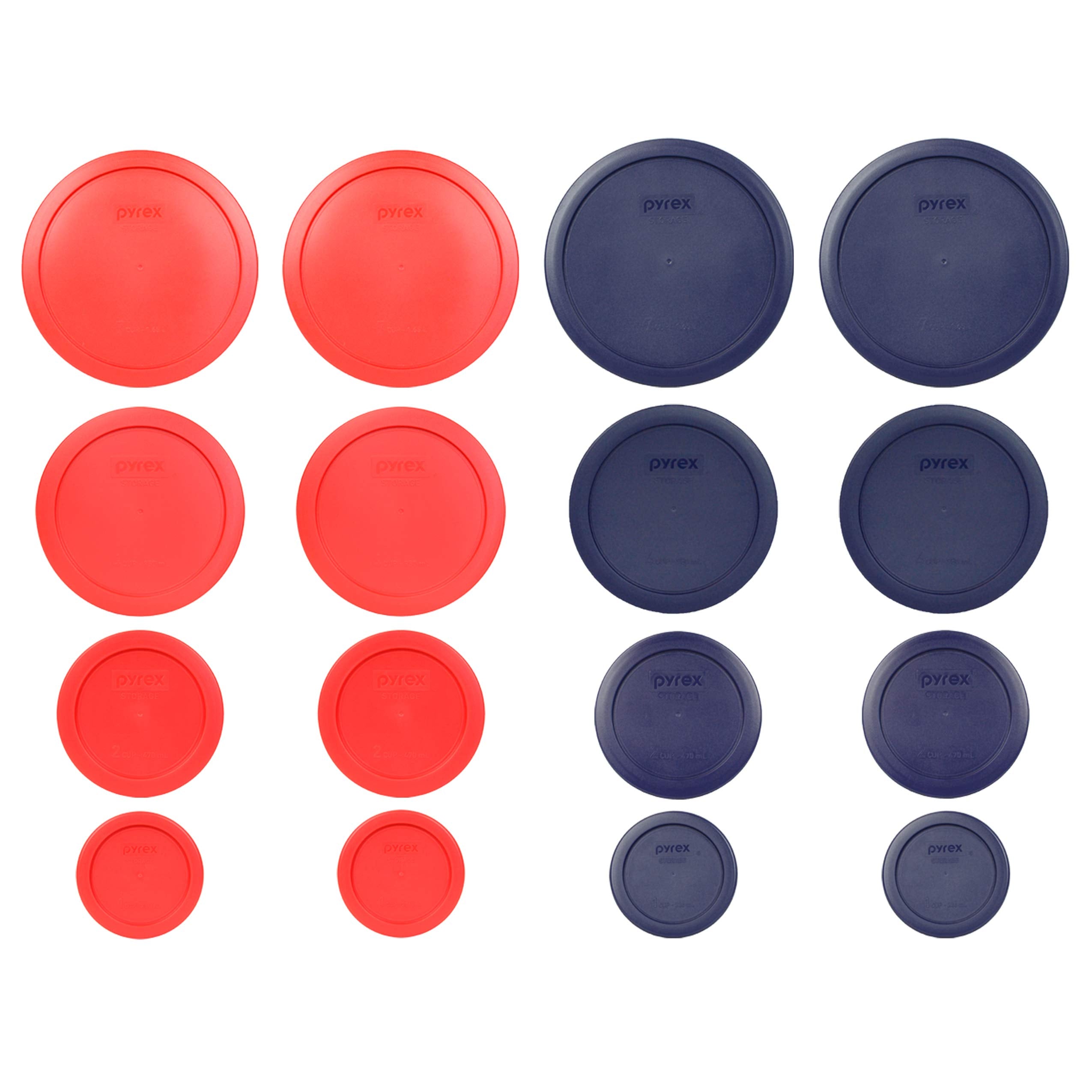 Pyrex 7202-Pc, 7200-Pc, 7201-Pc, 7402-Pc Red And Blue 16Pc Plastic Lid Set, Made In Usa