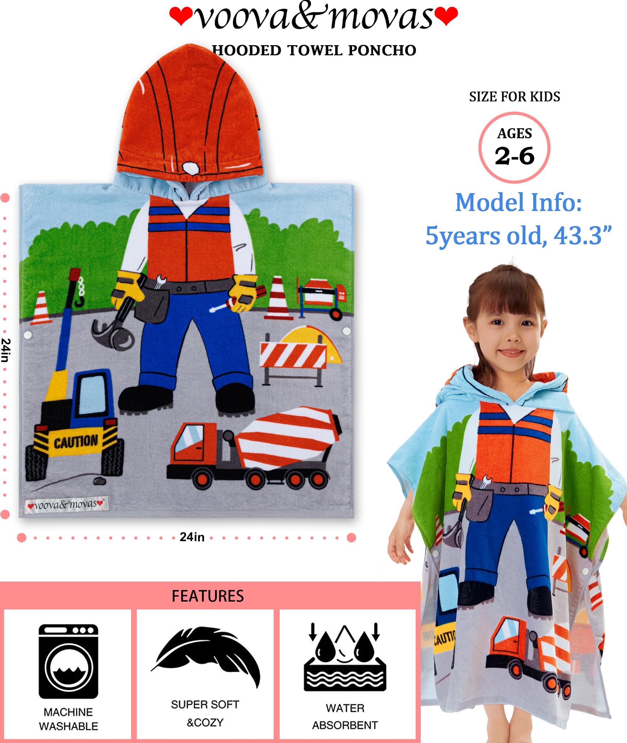 Voova  Movas Kids Beach Pool Towels With Hood, 48X24 Soft Cotton Bathrobe Poncho For Babys Toddlers 2 To 5T, Truck Work Zone The