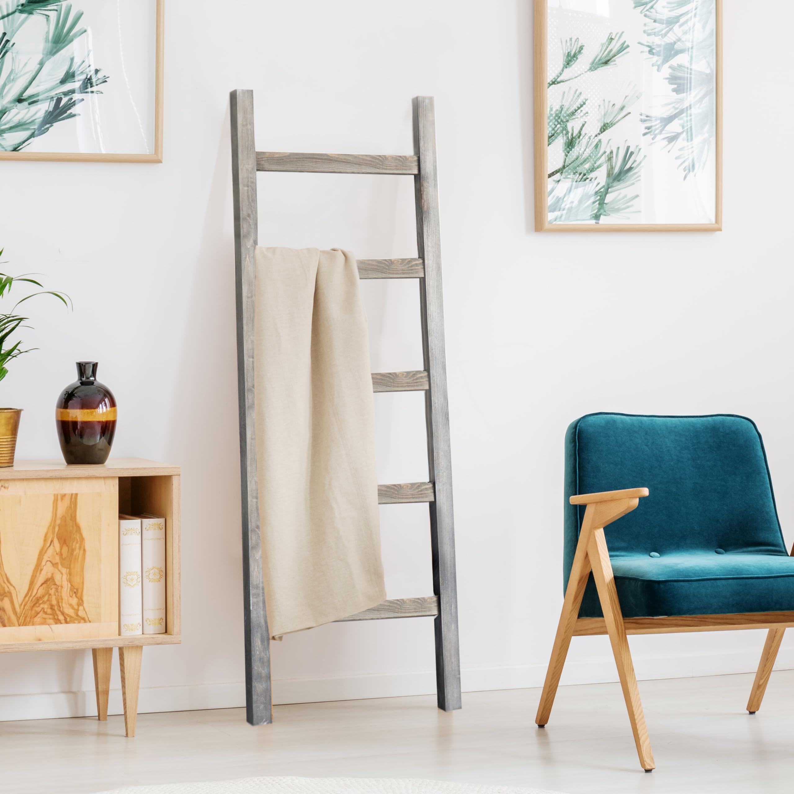 Mygift 54 Inch Tall Fully Assembled Wood Blanket Ladder, 5-Tier Wall Leaning Towel Rack, No Assembly, Gray