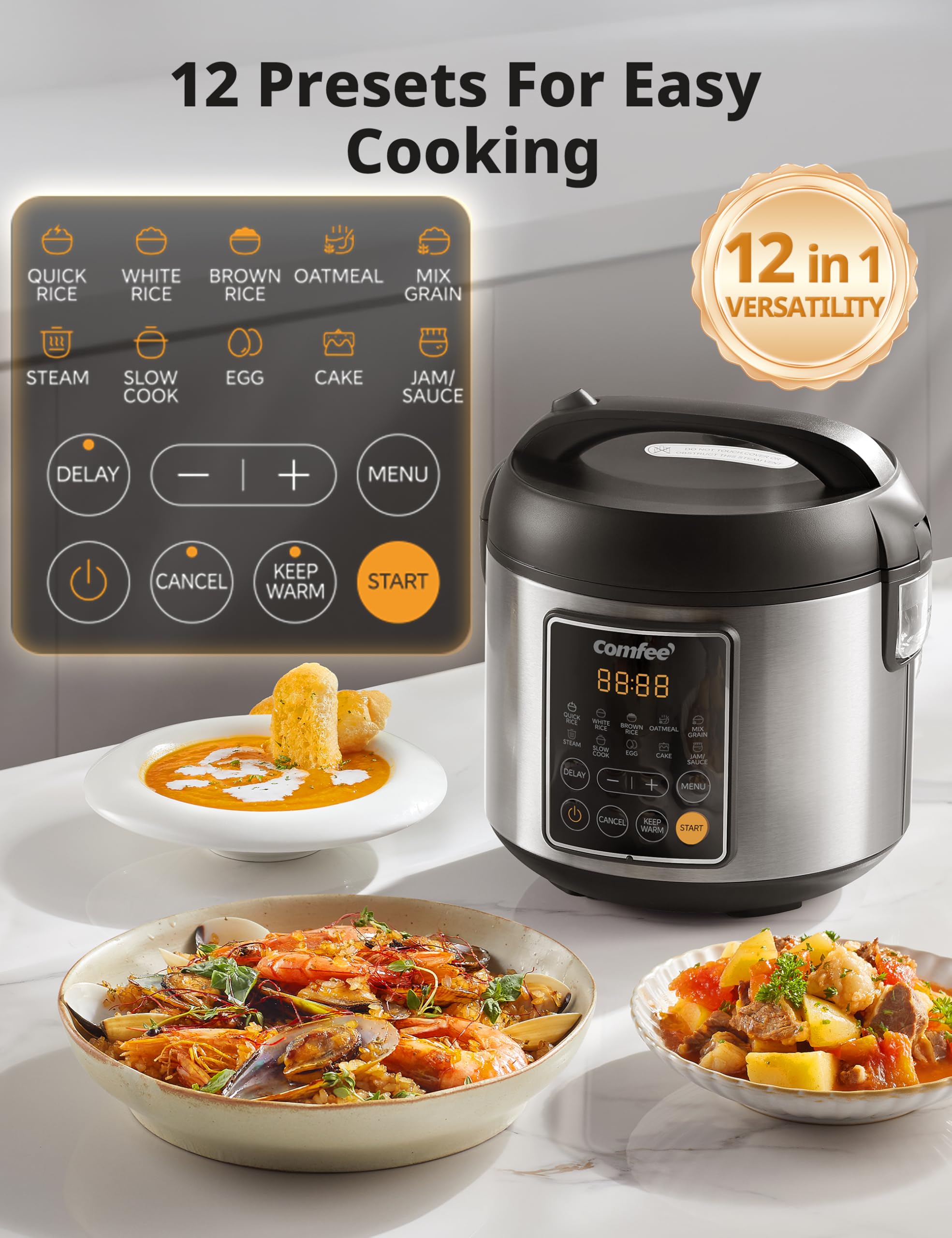 COMFEE Rice Cooker, 4 Cups Uncooked, 8 Cups Cooked Slow Cooker, 2 Qt Small Multicooker with 10 Presets, Steamer & Grain Cooker,