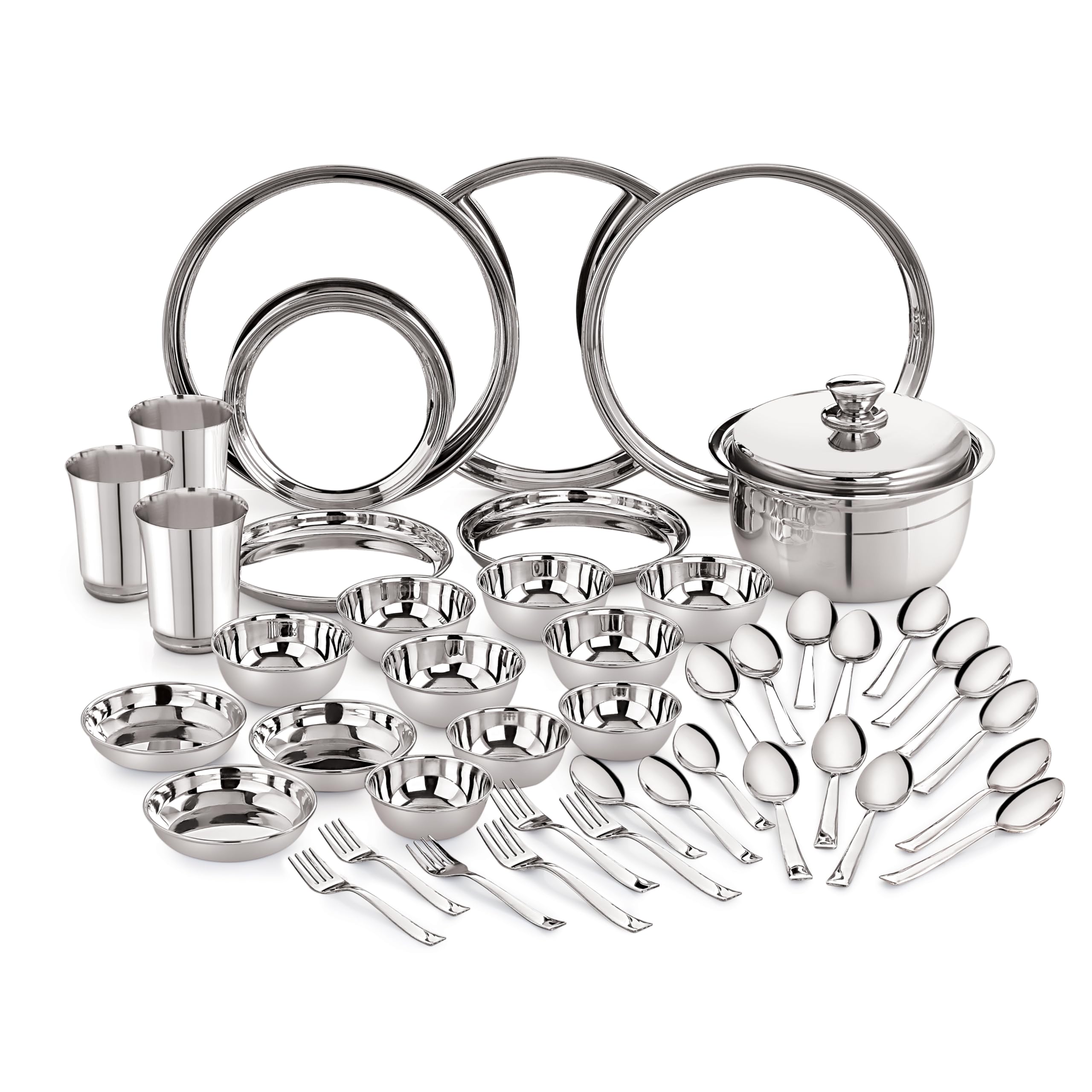 Neelam Stainless Steel Dinner Set Shagun (45 Pcs Set) | Occasions- Anniversory, Wedding, Houseworming Party |Sets Of Plates, Gla