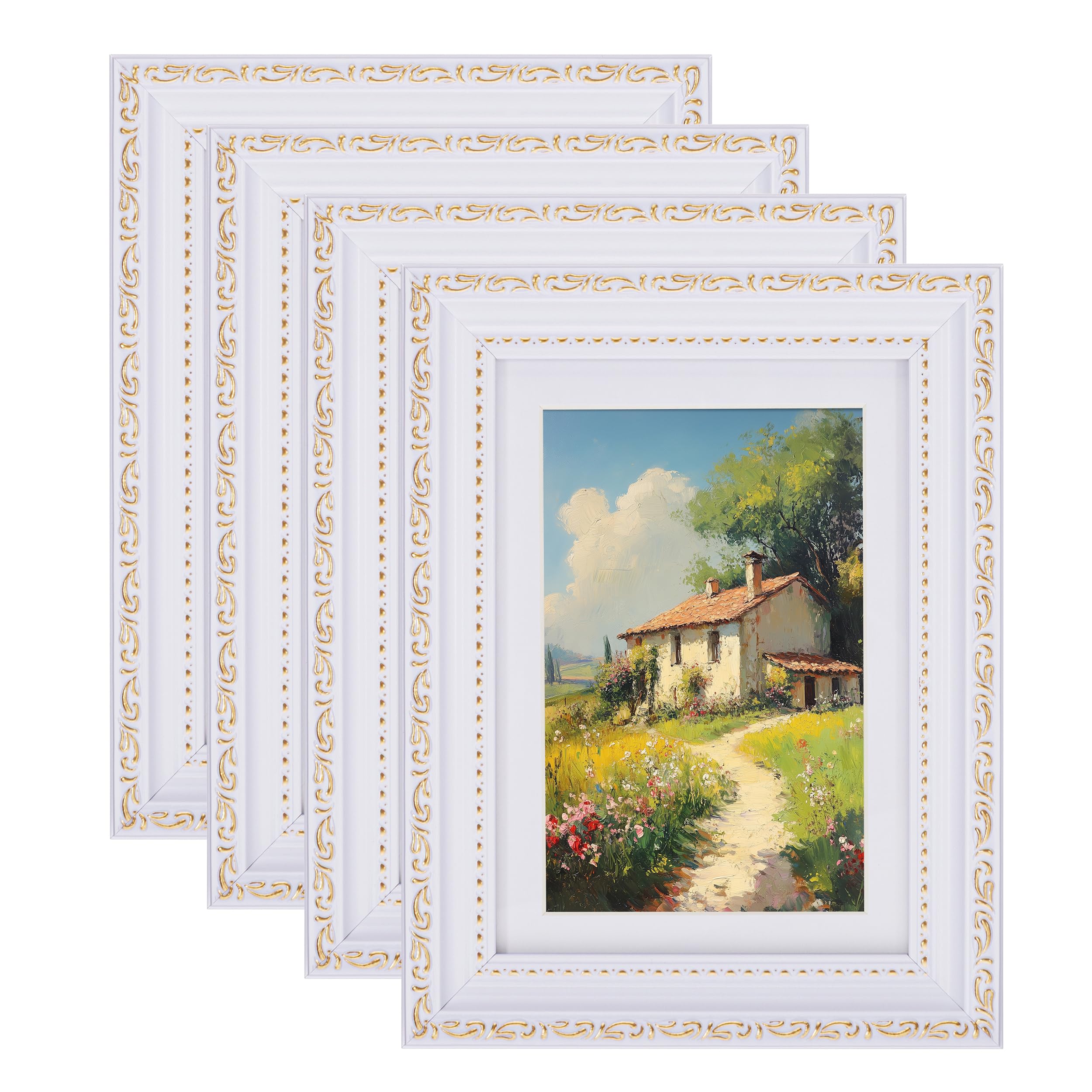 eletecpro 5x7 Picture Frames Set of 4, White Frames with Glass Cover, Vintage 5 x 7 Photo Frame Displays 4x6 Photo with Mat or 5