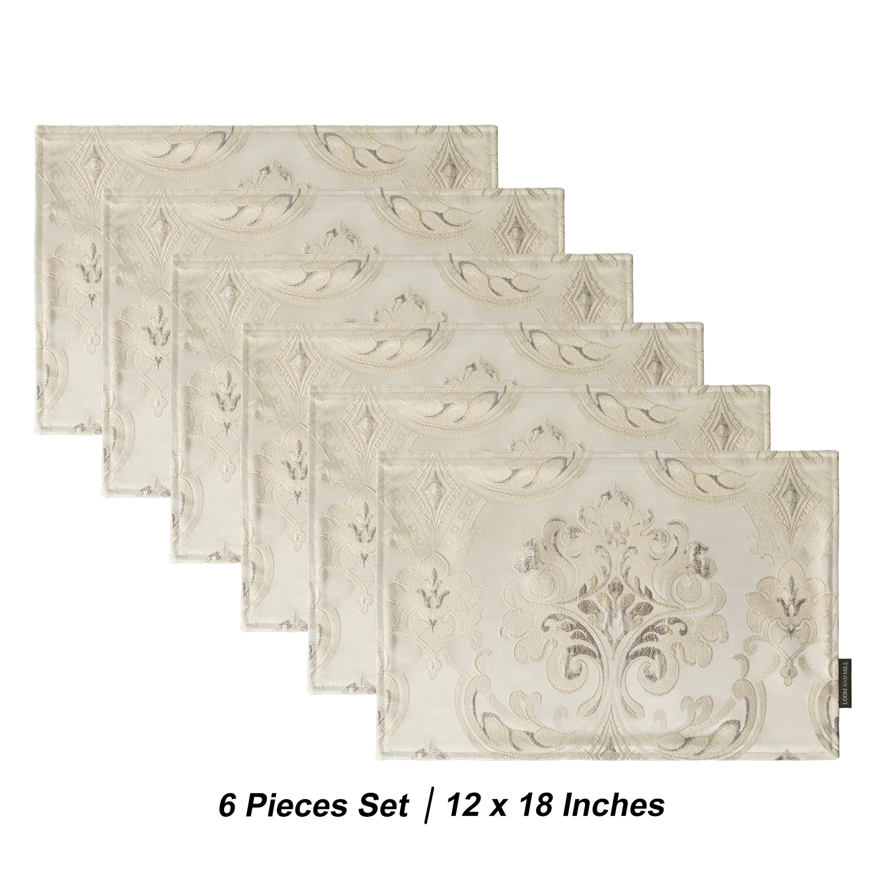 Loom And Mill Luxury Damask Placemats Set Of 6, Floral Jacquard Table Place Mats For Dining Table Kitchen Room Thanksgiving Chri