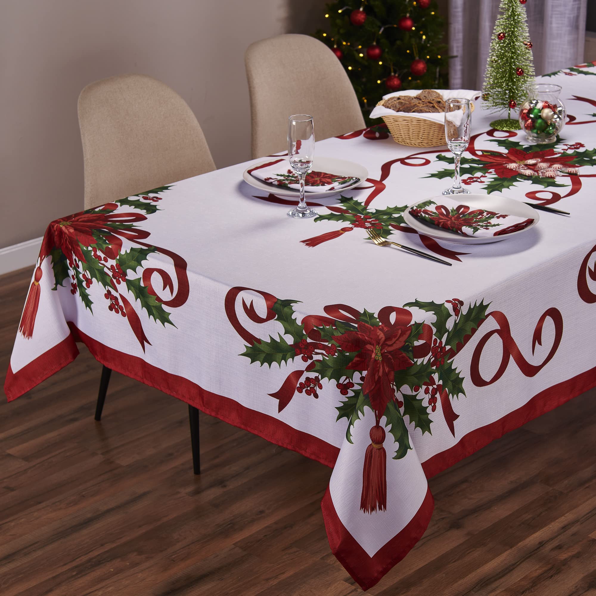 Kadut Christmas Ribbon Tablecloth (60 x 102 Inch) for 6 Foot Rectangle Tables, Heavy Duty Fabric, Stain Proof Xmas Ribbon Table 