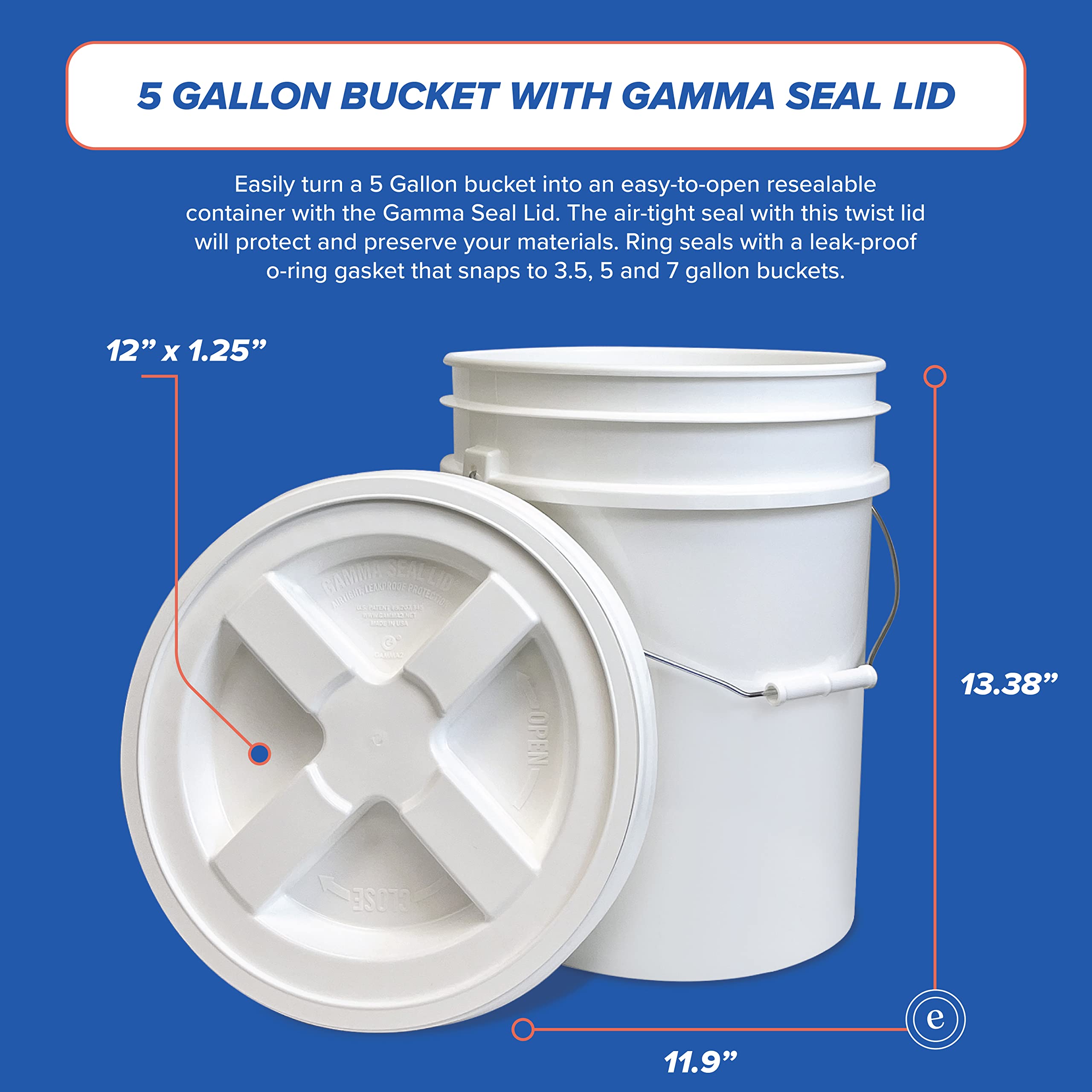 Epackagesupply, 5 Gallon Bucket With Gamma Seal Screw On Airtight Lid, Set Of 5, Food Grade Storage, Premium Hpde Plastic, Bpa F