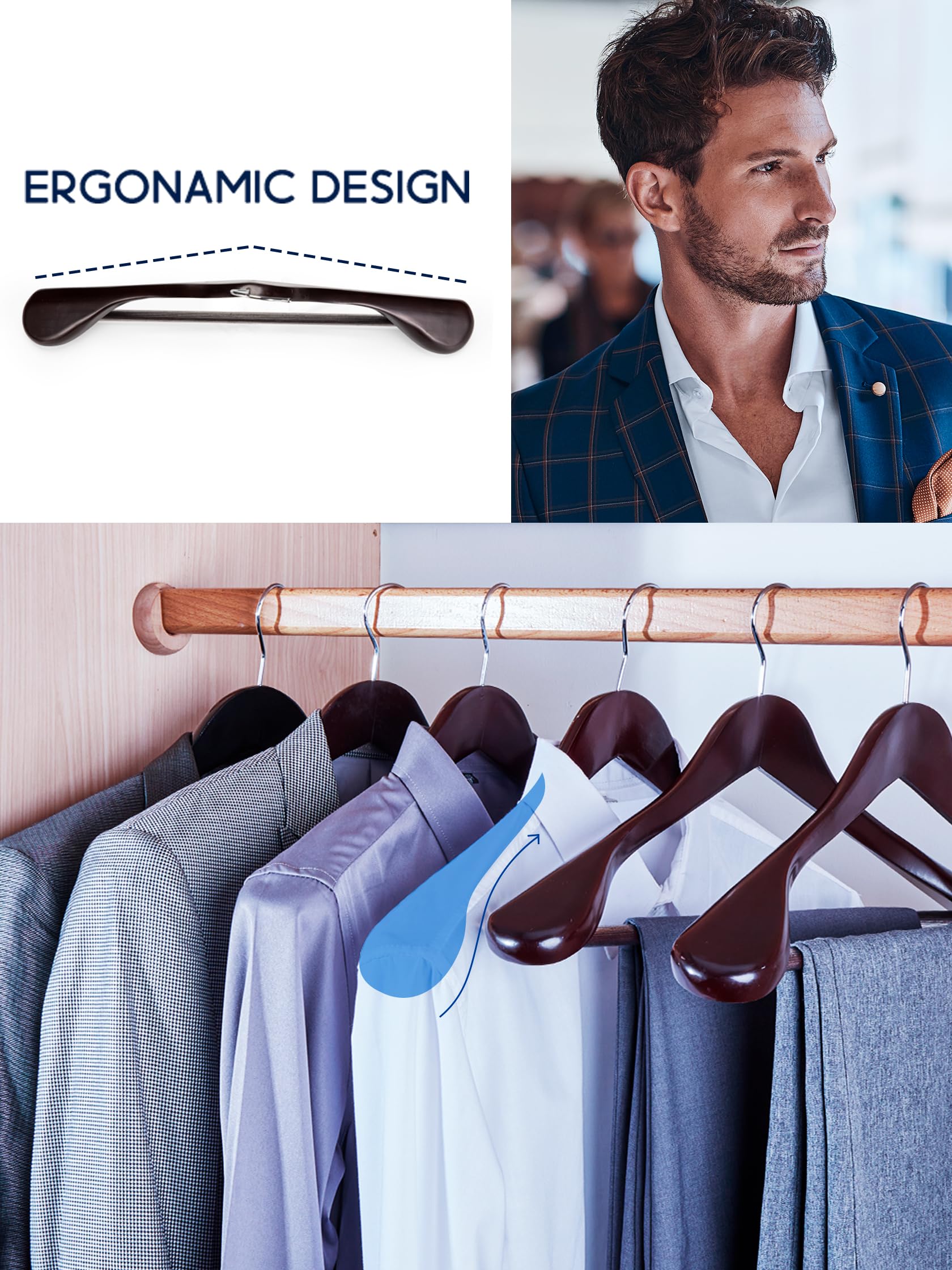 House Day High-Grade Coat Hangers, Wide Shoulder Wooden Hangers With Non Slip Pants Bar, Smooth Retro Finish 360 Swivel Hook Sol