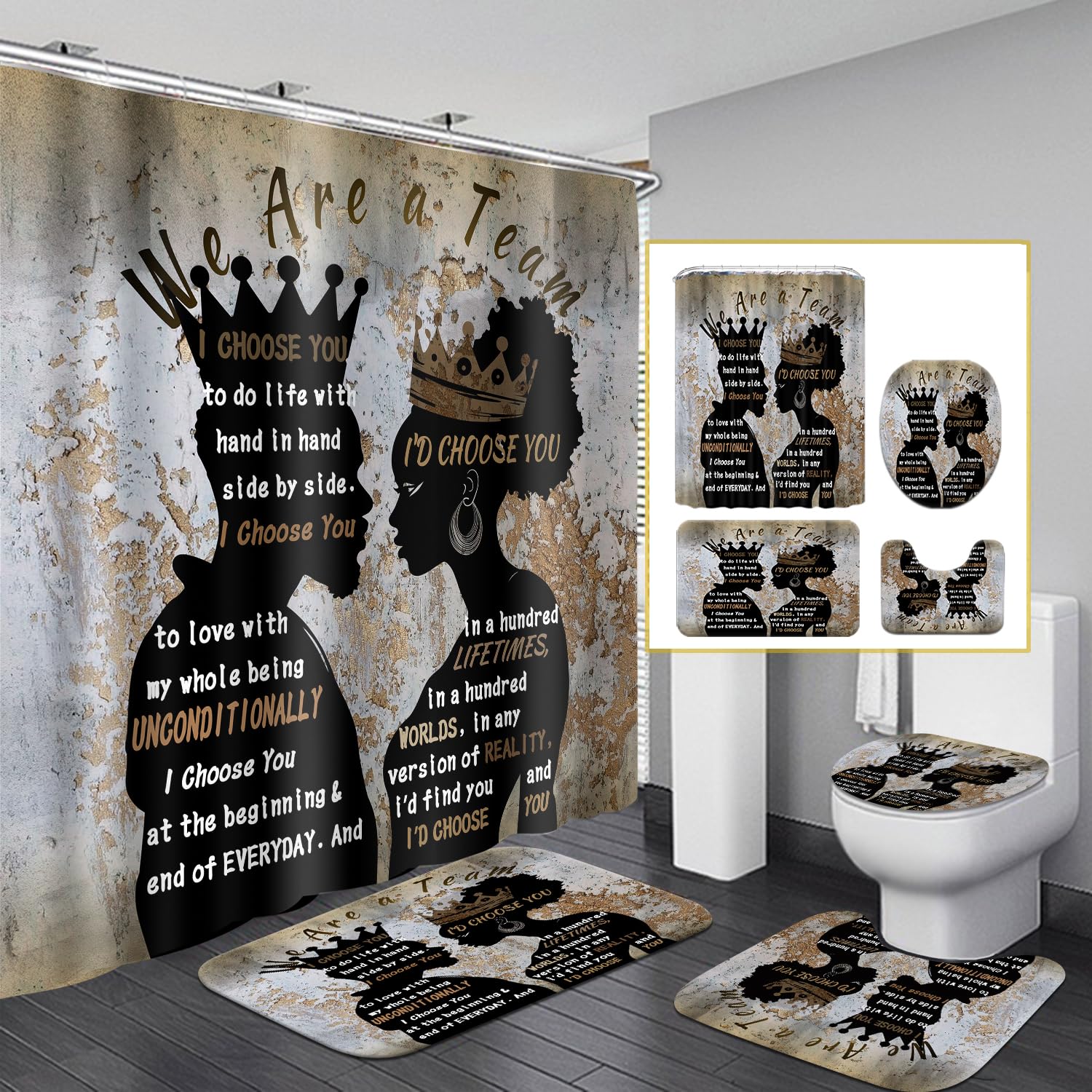 Omebero 4 Pcs Shower Curtain Set With Rugs Toilet Lid Cover Bath Mat, Romantic Black Man Women Couples Bathroom Sets With Shower