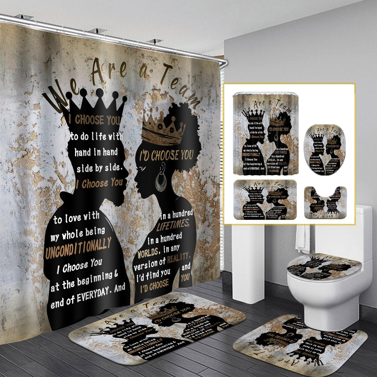 Omebero 4 Pcs Shower Curtain Set With Rugs Toilet Lid Cover Bath Mat, Romantic Black Man Women Couples Bathroom Sets With Shower