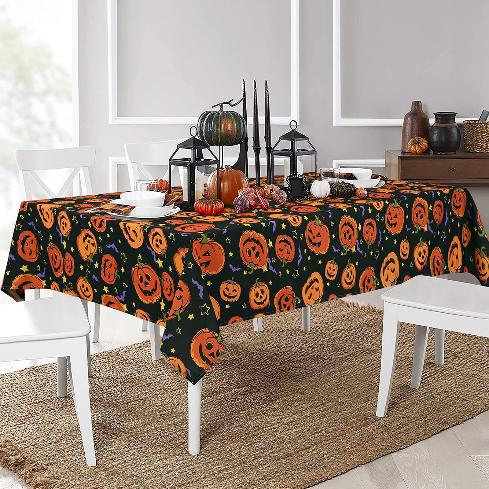 Halloween Tablecloth, Pumpkin And Bat Table Cloth, Orange And Black Star Scary Themed Tablecloths, Waterproof Spillproof Tableco
