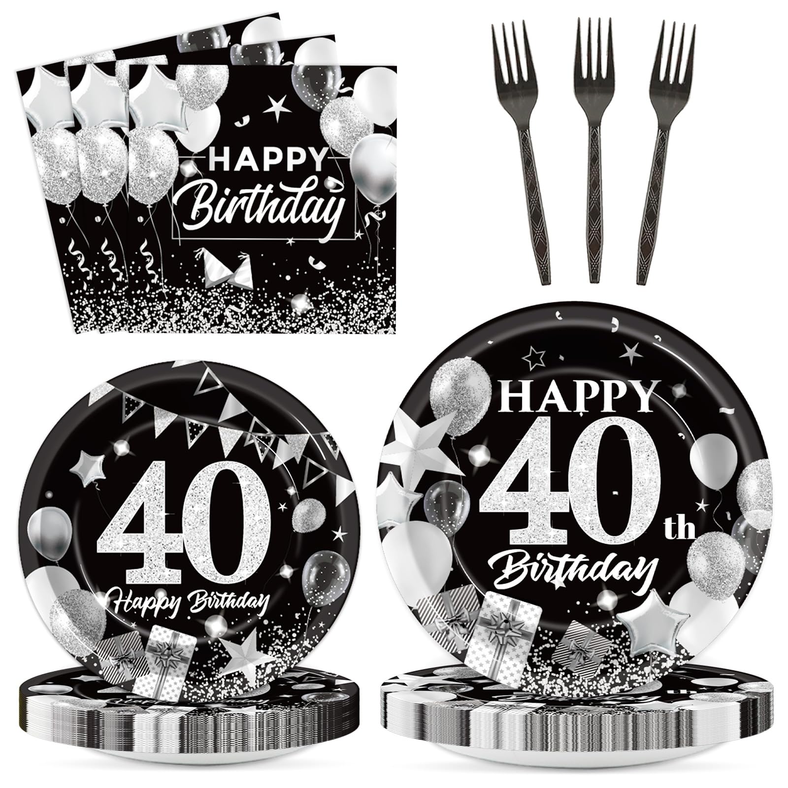 Obusatt 96Pcs 40Th Birthday Plates And Napkins Party Supplies Black And White Silver 40Th Happy Birthday Party Decorations 40Th