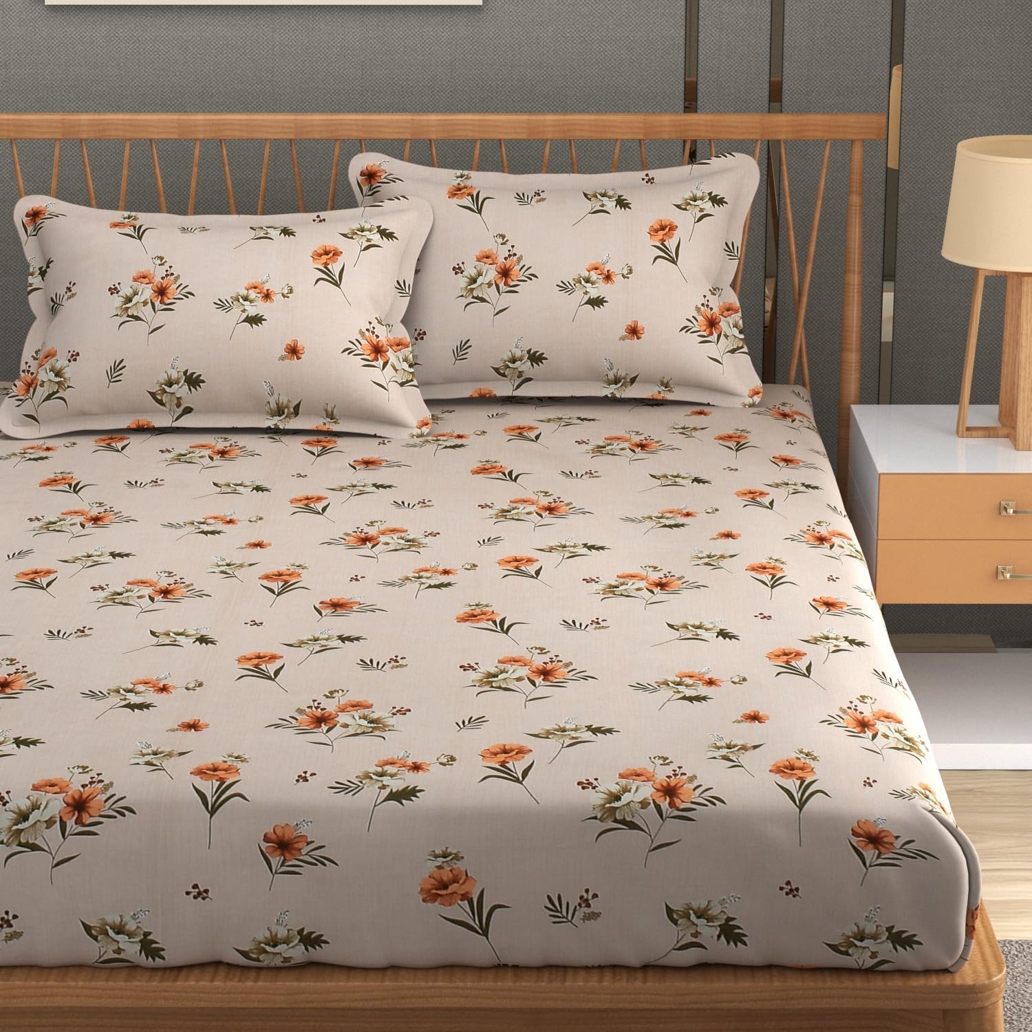 Kawi Elastic Fitted Bedsheet Cotton Blend Double Bed With 2 Pillow Cover (72 X 78)- Brown Colour-Brown Flower Print