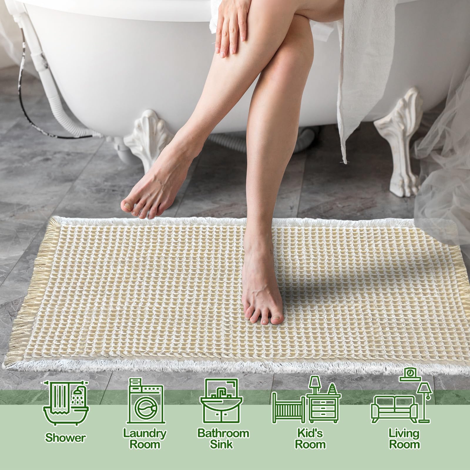 Zall Beige Waffle Bath Mat,Super Absorbent Non Slip Bathroom Rug,Cream 18X30Inch,Machine Washable Ultra Soft Floor Mats