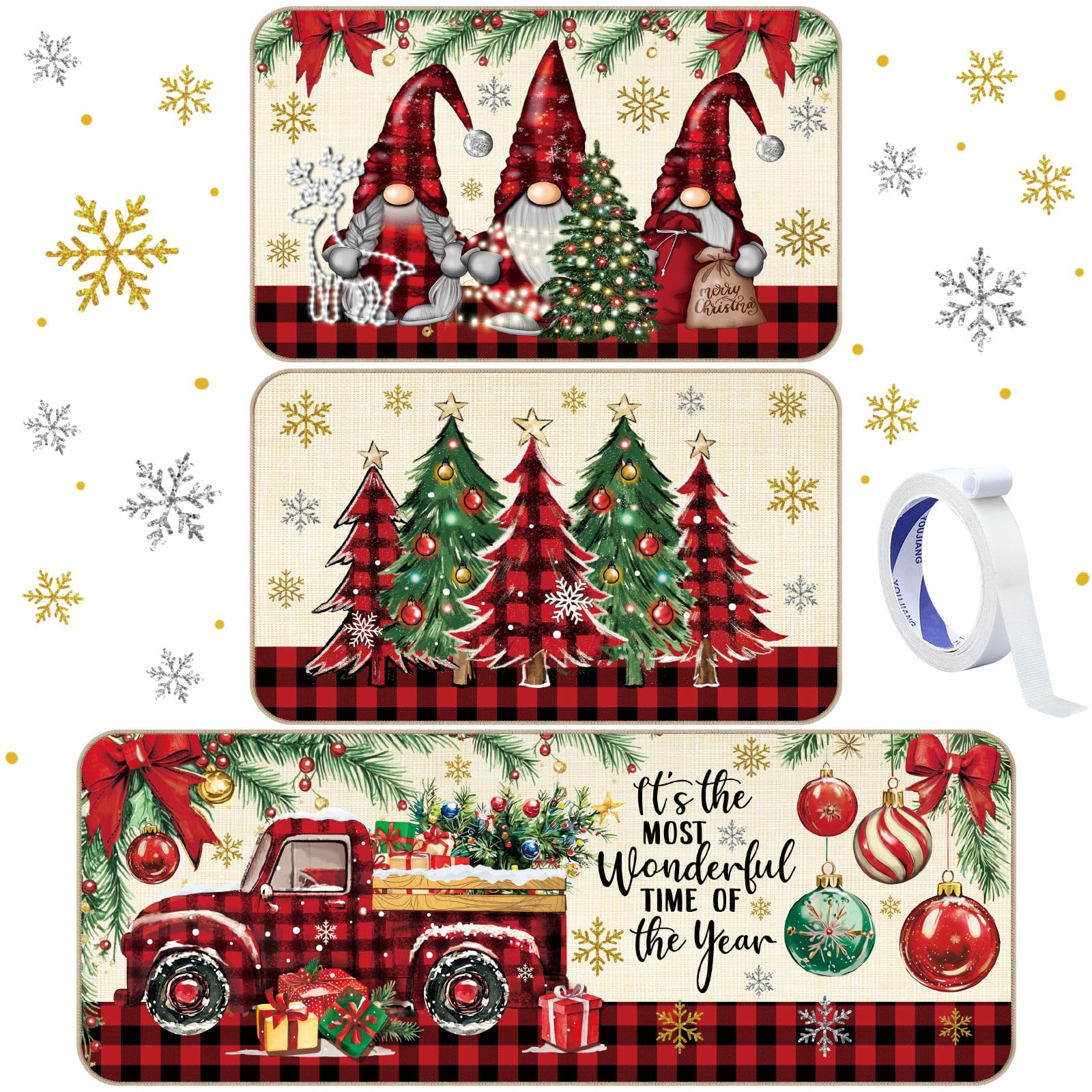 Drydiet 3 Pcs Christmas Kitchen Rug and Mats Red Black Buffalo Plaid Winter Kitchen Floor Mat Anti Fatigue Non Slip Vintage Gnom
