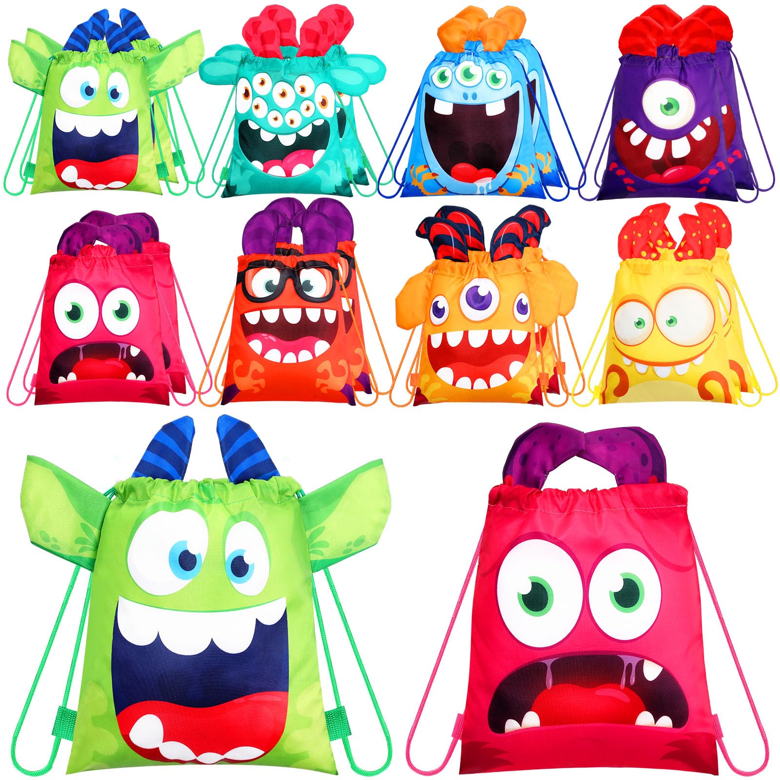 Hillban 16 Pcs Animal Drawstring Bags For Kids Party Favors Drawstring Backpack With Ear For Safari Birthday(Monster Style)