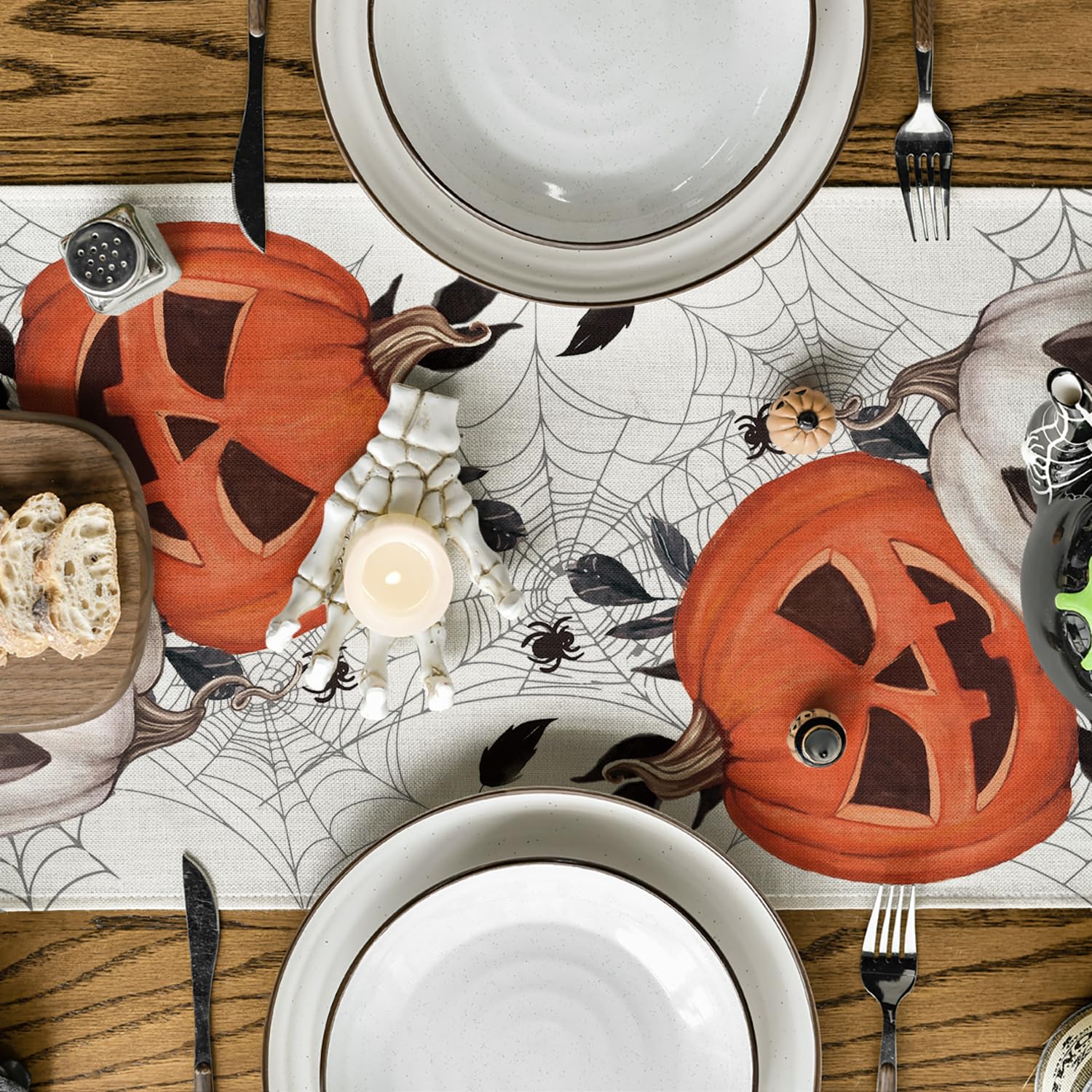 Artoid Mode Pumpkins Spider Web Leaves 2Pcs Halloween Table Runner, Seasonal Fall Kitchen Dining Table Decoration Home Party Dec