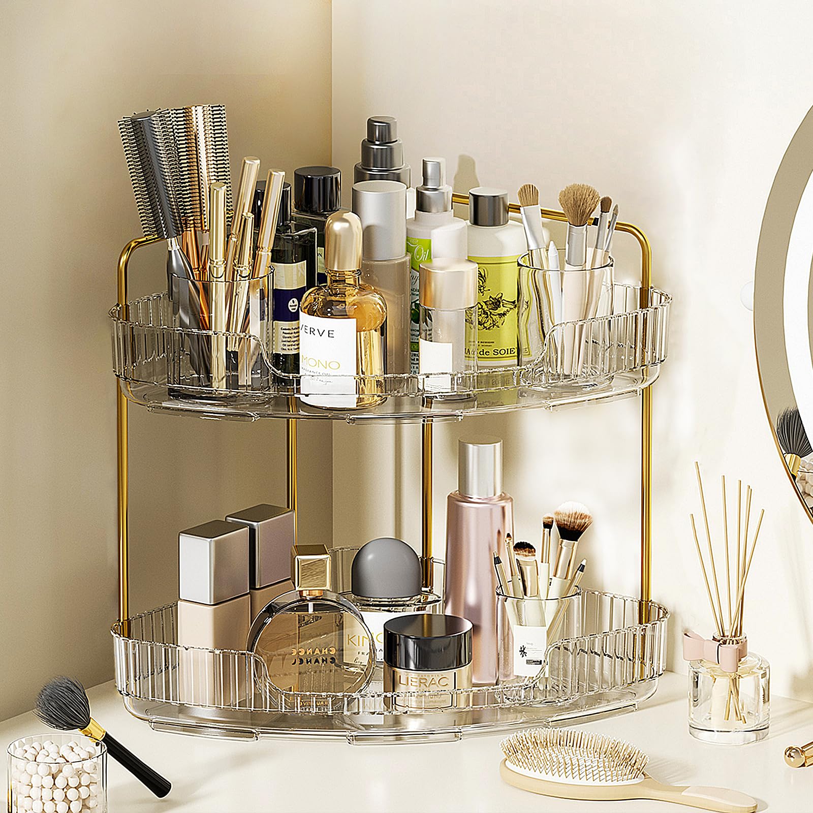Acrylic Bathroom Tray, 2 Tier Corner Bathroom Organizer Countertop, Makeup Organizer For Vanity Dresser Kitchen, Corner Storage