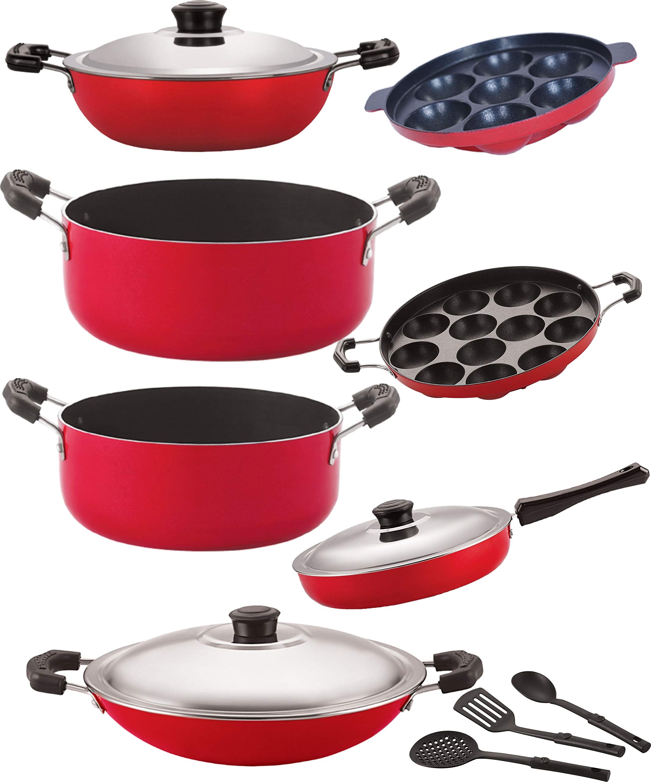 Nirlon NonToxic Oil Free Non Stick Cookware Essential Gift Set Of10 Pieces With Bakelite Handle (2.6Mm_Dkd(J)_Sp(M)_Cs20_Cs22_A