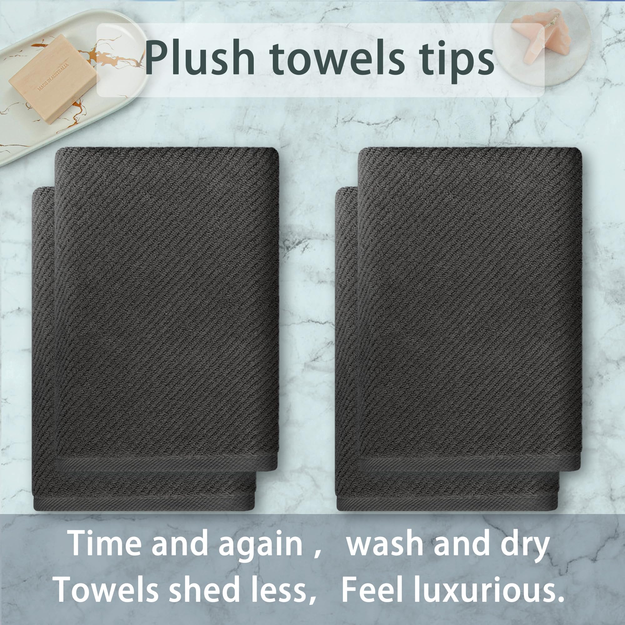 Voova & Movas Grey Bath Towels (4Pc, Large 30''X56'') - 100% Cotton | Quick Dry | Light Weight | Thick | Soft | Absorbent, Luxur
