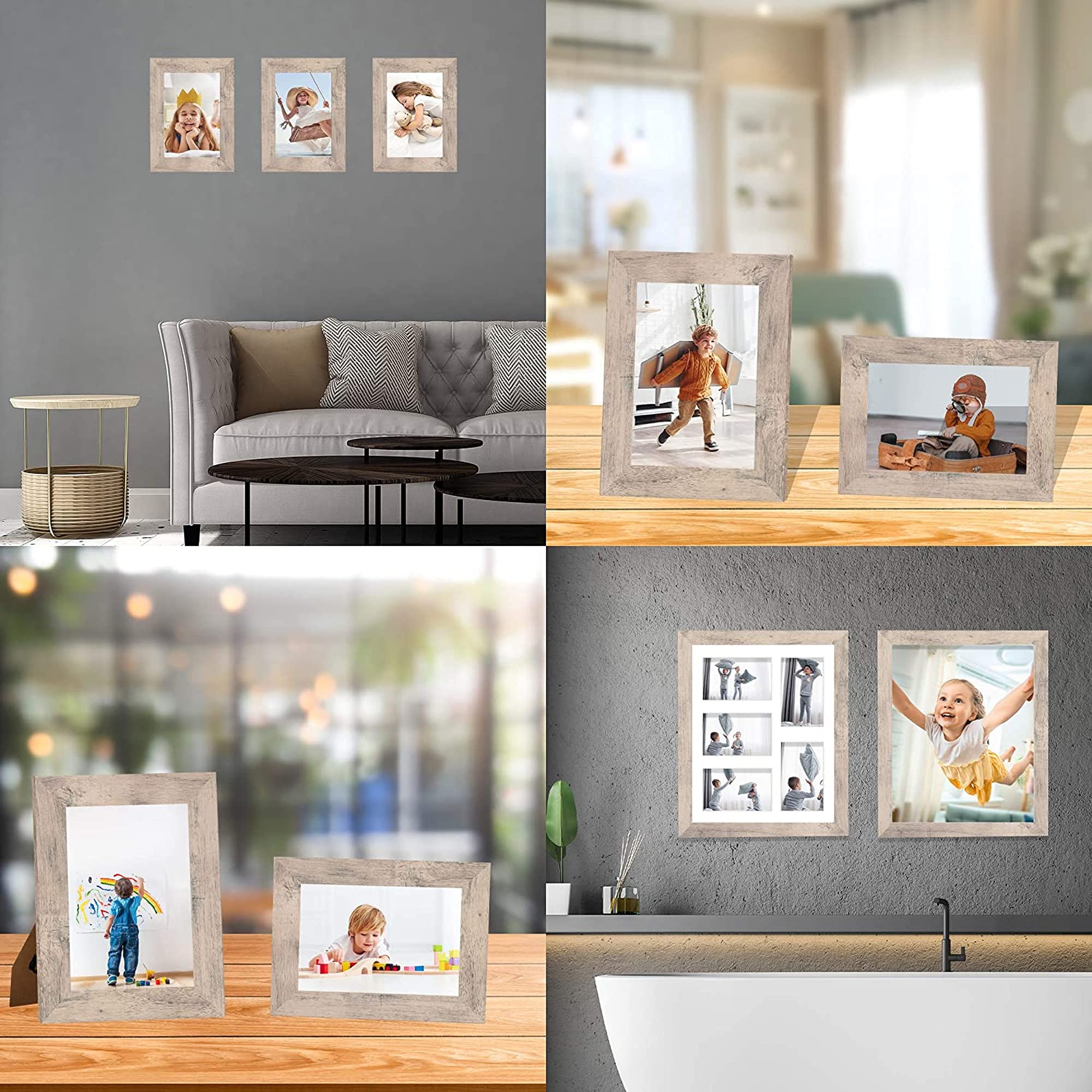 iRahmen 4x6 Picture Frame Set of 4, High Definition Real Glass Smoke Gray Frame, 4 x 6 Wood Photo Frames for Tabletop Display an