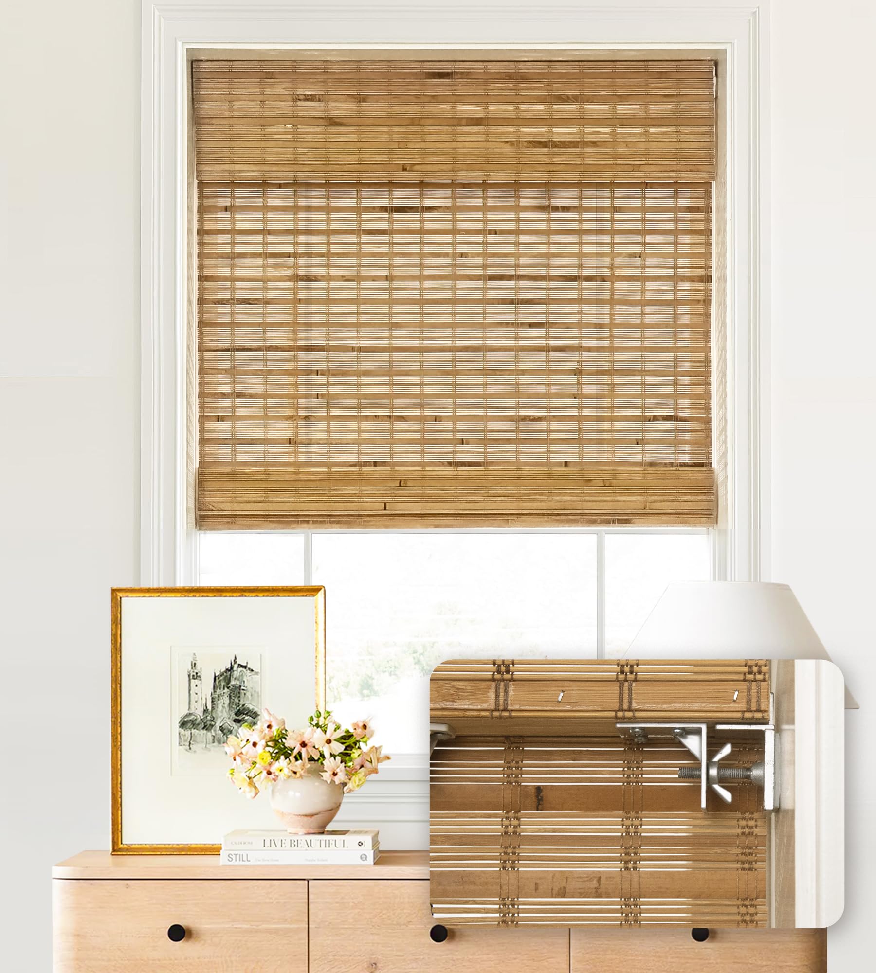 LazBlinds No Tools No Drill Cordless Bamboo Roman Shades, Light Filtering Window Treatment, Roll Up Bamboo Blinds for Window 20