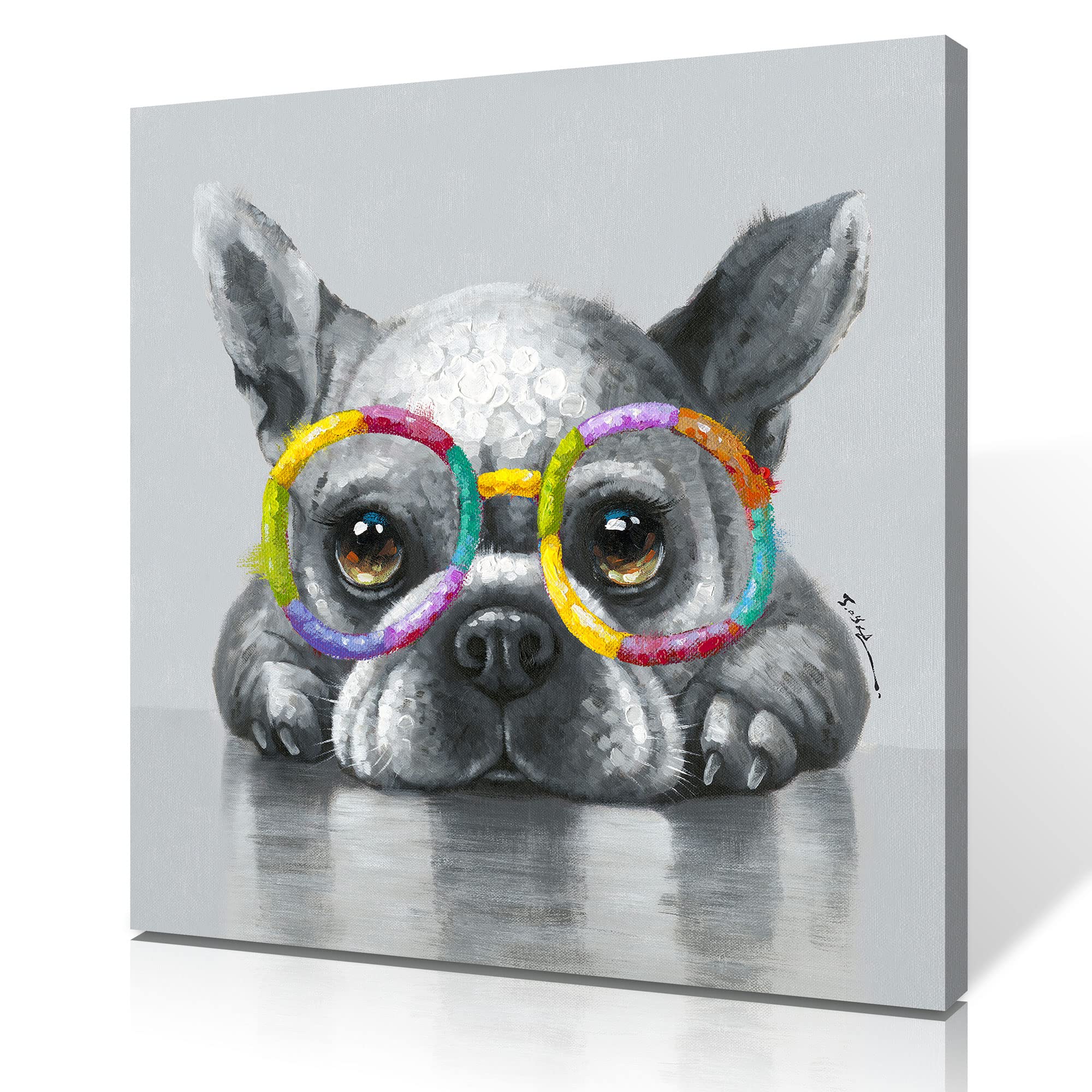 Kunstorner Cute Dog Canvas Wall Art Glasses Animal Art Canvas Funny Dog Canvas Wall Art For Living Room Bedroom Office Home Deco