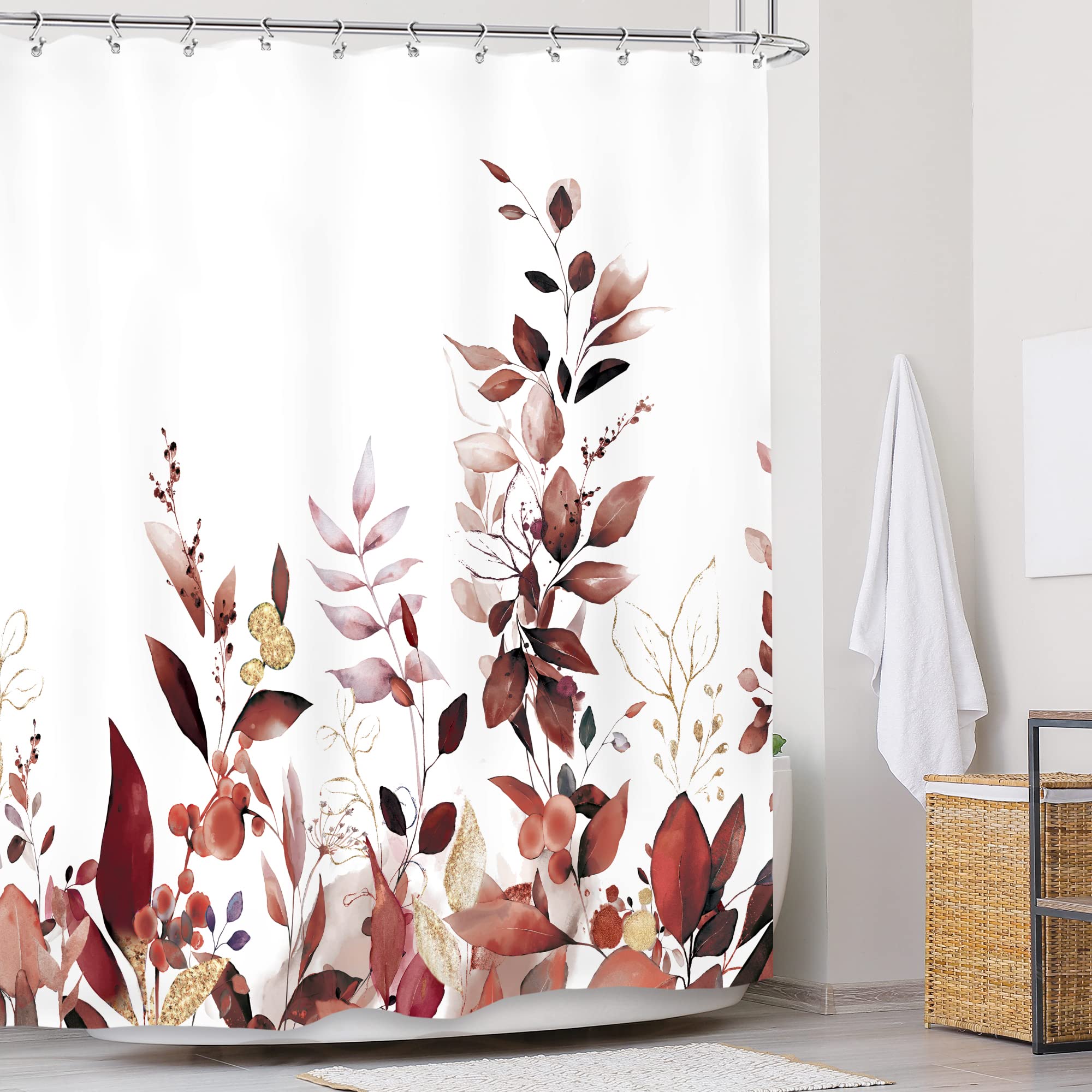 Glawry Burgundy Shower Curtain 60Wx72L Inches Watercolor Floral Leaves Botanical Plants Leaf Eucalyptus Bathroom Modern Maroon B