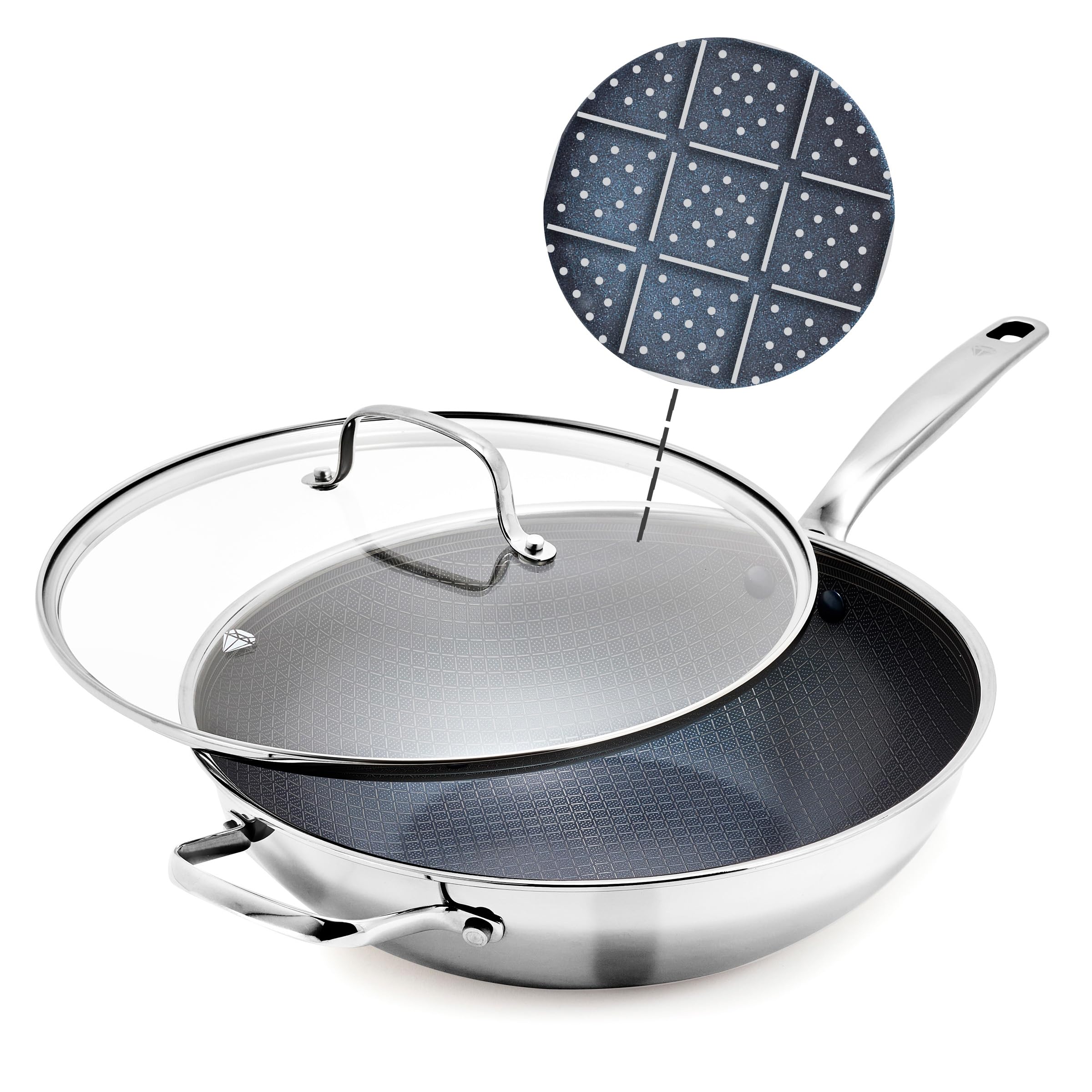 Blue Diamond Hybrid Nonstick Stainless Steel 12    Wok with Lid, PFAS-Free Ceramic Diamond Bond Stir-Fry Pan, Induction Ready, D