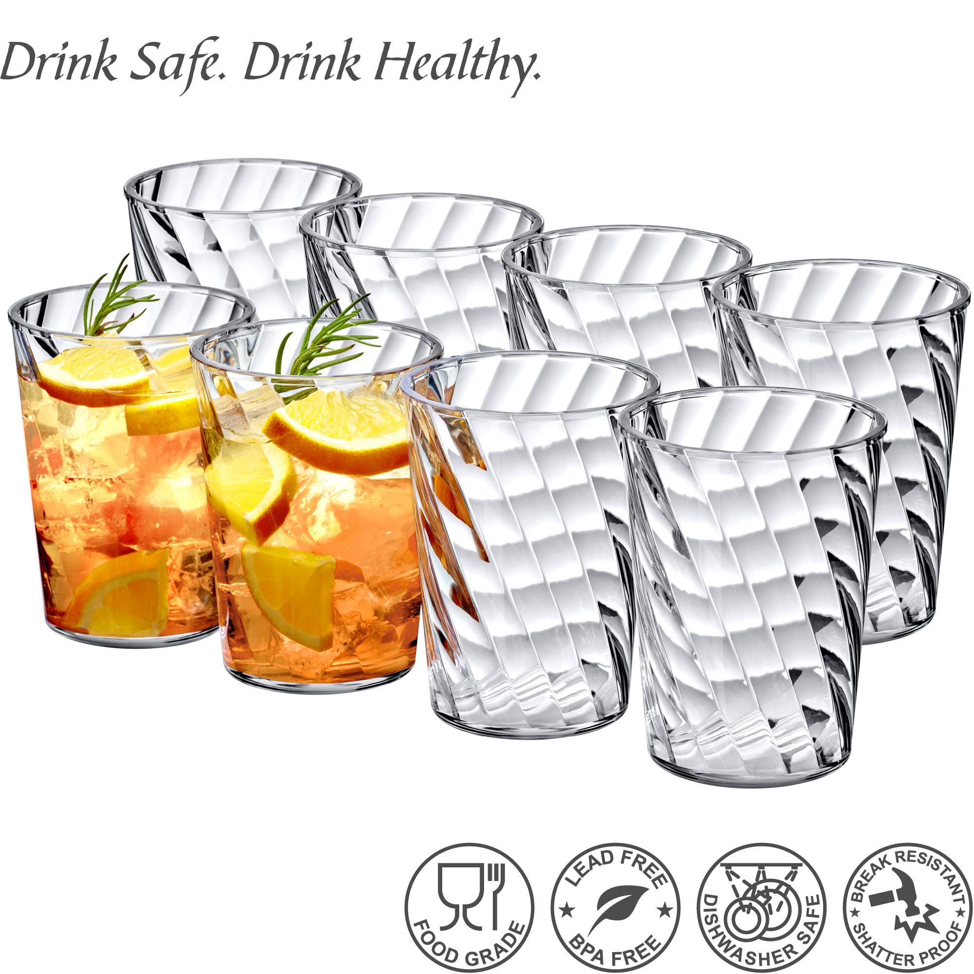 Amazing Abby - Glacier - 14-Ounce Plastic Tumblers (Set of 8)  Plastic Drinking Glasses  All-Clear High-Balls  Reusable Plastic Cups  Stackable  BPA-Free  Shatter-Proof  Dishwasher-Safe