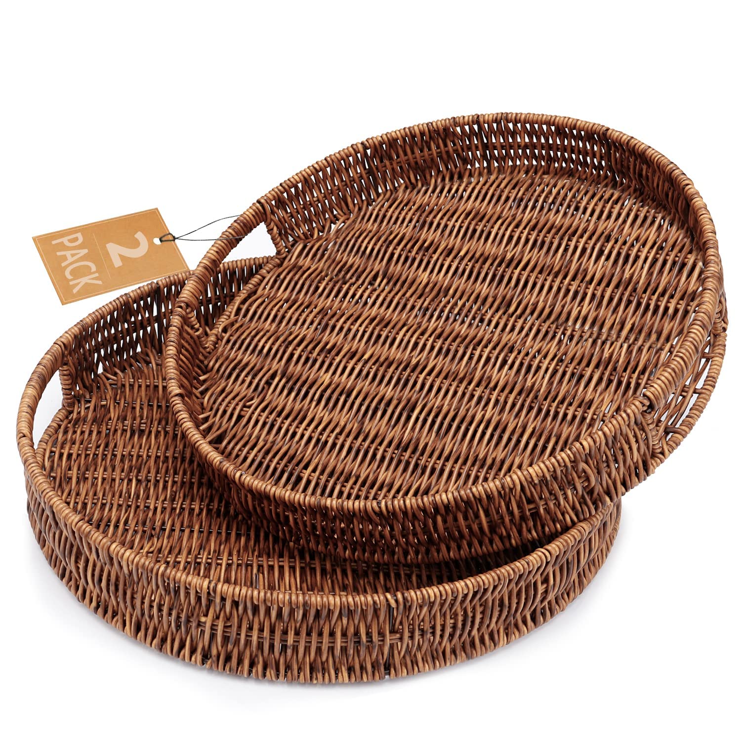 Sedison Set Of 2 Rattan Tray Round Rattan Basket With Handles For Home, Kitchen, Bathroom, Coffee Table Tray (12.6In + 13.8In)