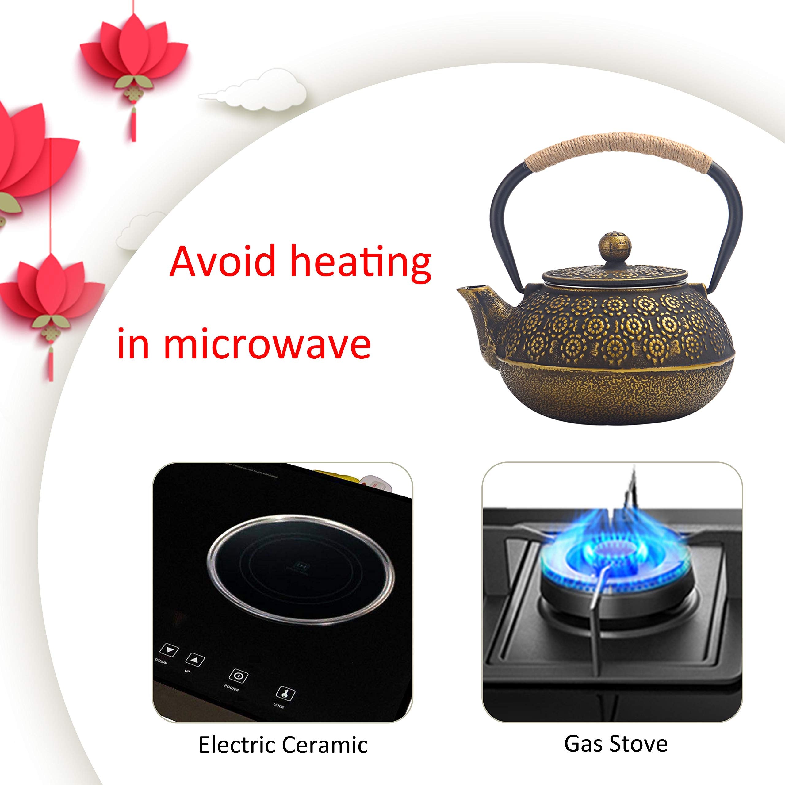 6 Piece Set Gold Japanese Cast Iron Teapot(30 Oz /900 Ml) With 4 Tea Cups (2 Oz Each), Leaf Tea Infuser And Trivet