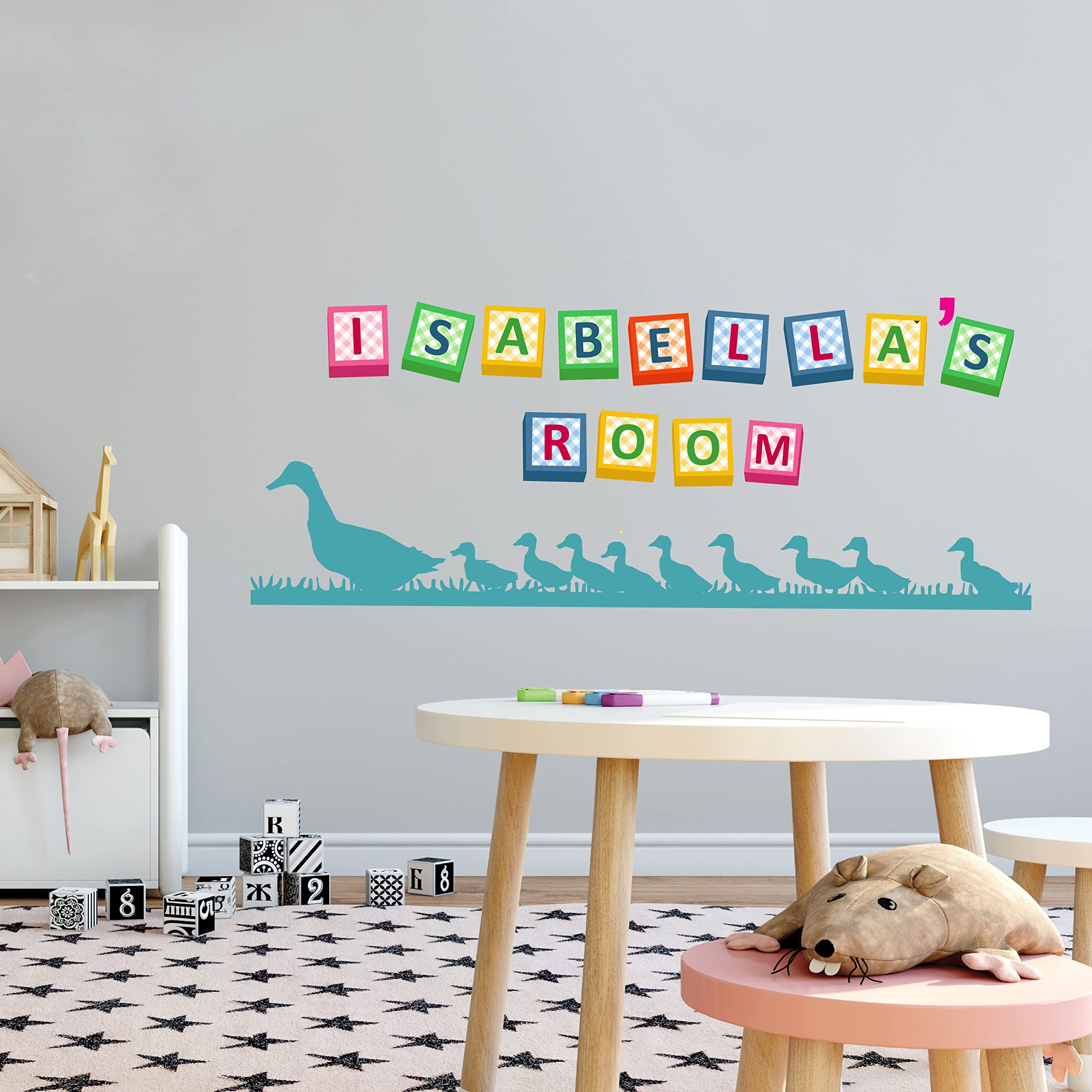 Ducks - Vinyl Kids Bedroom Mother Duck & Ducklings Silhouette Decoration Personalized Name Multicolored Alphabet Cube Toys Desig