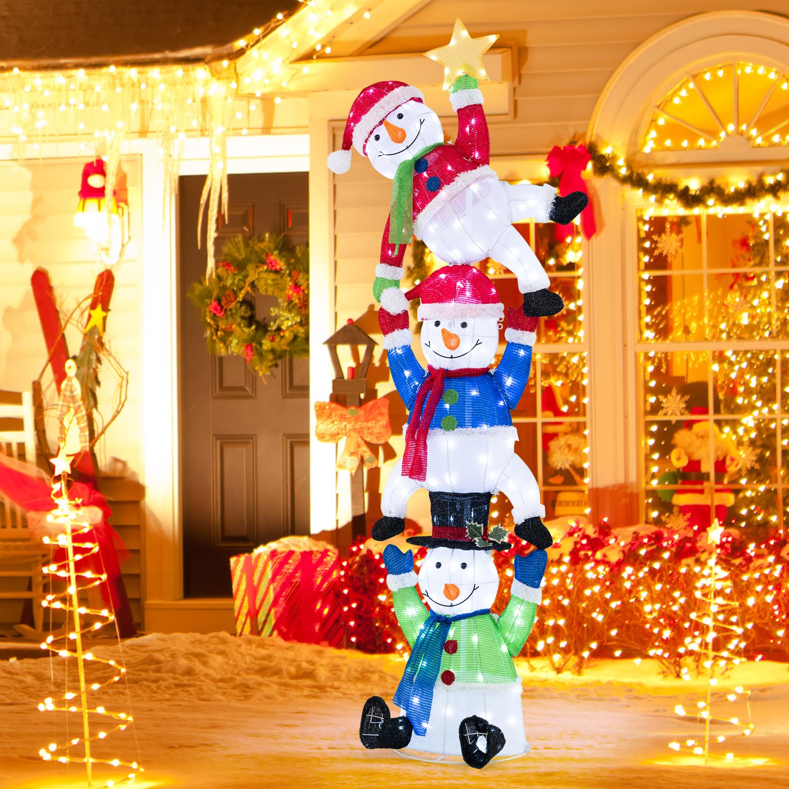 Tangkula 6 FT Lighted Christmas Stacked Snowman Set, Light-up Christmas Decoration with 155 LED Lights, Ground Stakes & Zip Ties