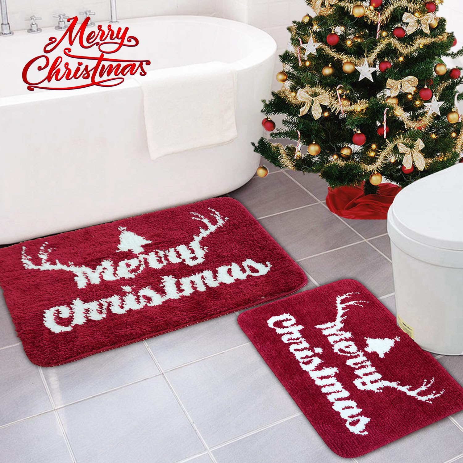 Ainahyva Merry Christmas Decorations Red Bathroom Rugs Cute Bath Mat Christmas Decor, Bath Mats For Bathroom, Non Slip Backing,