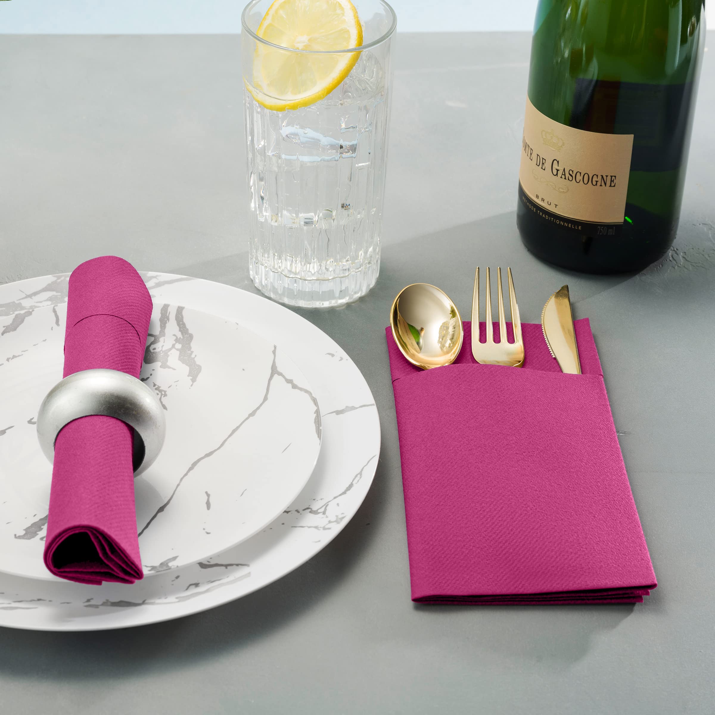 Disposable Linen-Feel Dinner Napkins with Built-in Flatware Pocket  50-Pack FUCHSIA Prefolded Cloth Like Paper Napkins For Dinner  Wedding Or Party [Silverware NOT Included]