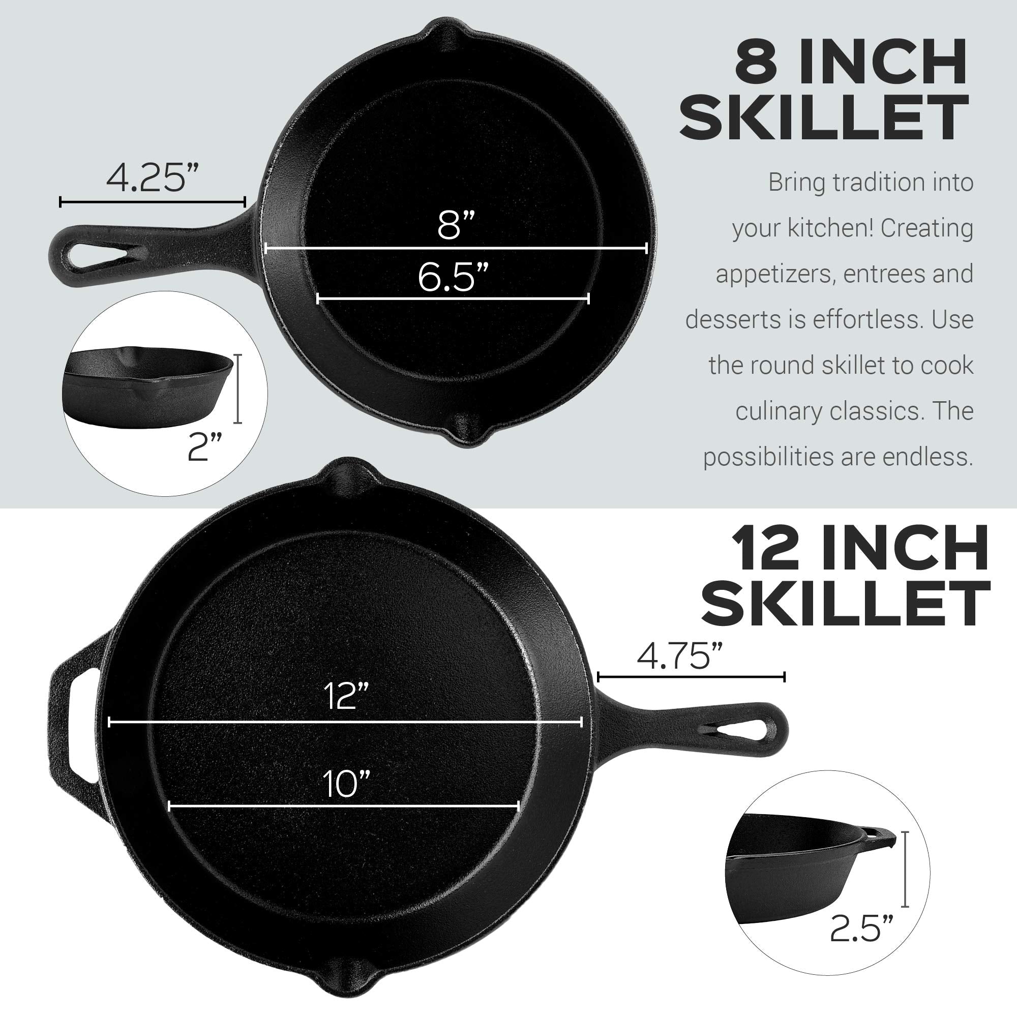 Pre-Seasoned Cast Iron Skillet Set (8-Inch and 12-Inch) Oven Safe Cookware - Heat-Resistant Holders - Indoor and Outdoor Use - G
