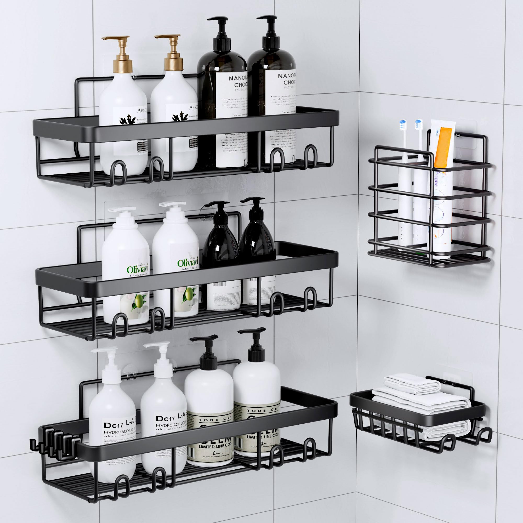 Posyla Shower Caddy, Bathroom Organizers, Black Shower Shelves for Inside with Soap Caddy & Toothbrush Holder, Stainless Steel W