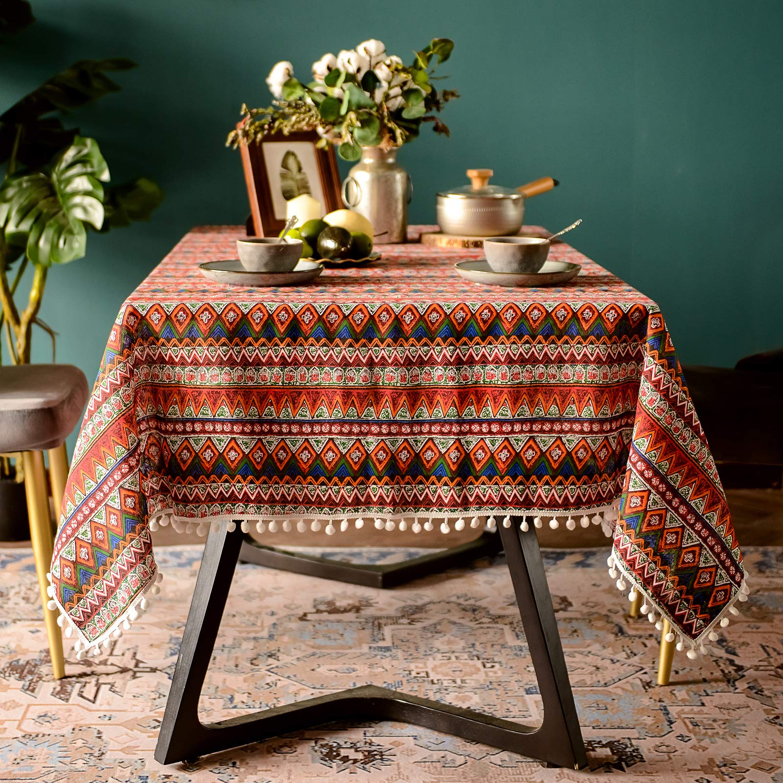 SUTAVIA Pompom Tassel Boho Tablecloth for Rectangle Table Covers Wrinkle Free Linen Bohemian Style Design Table Cloth for Dining Room Tabletop Decoration (Red  52''x70'')