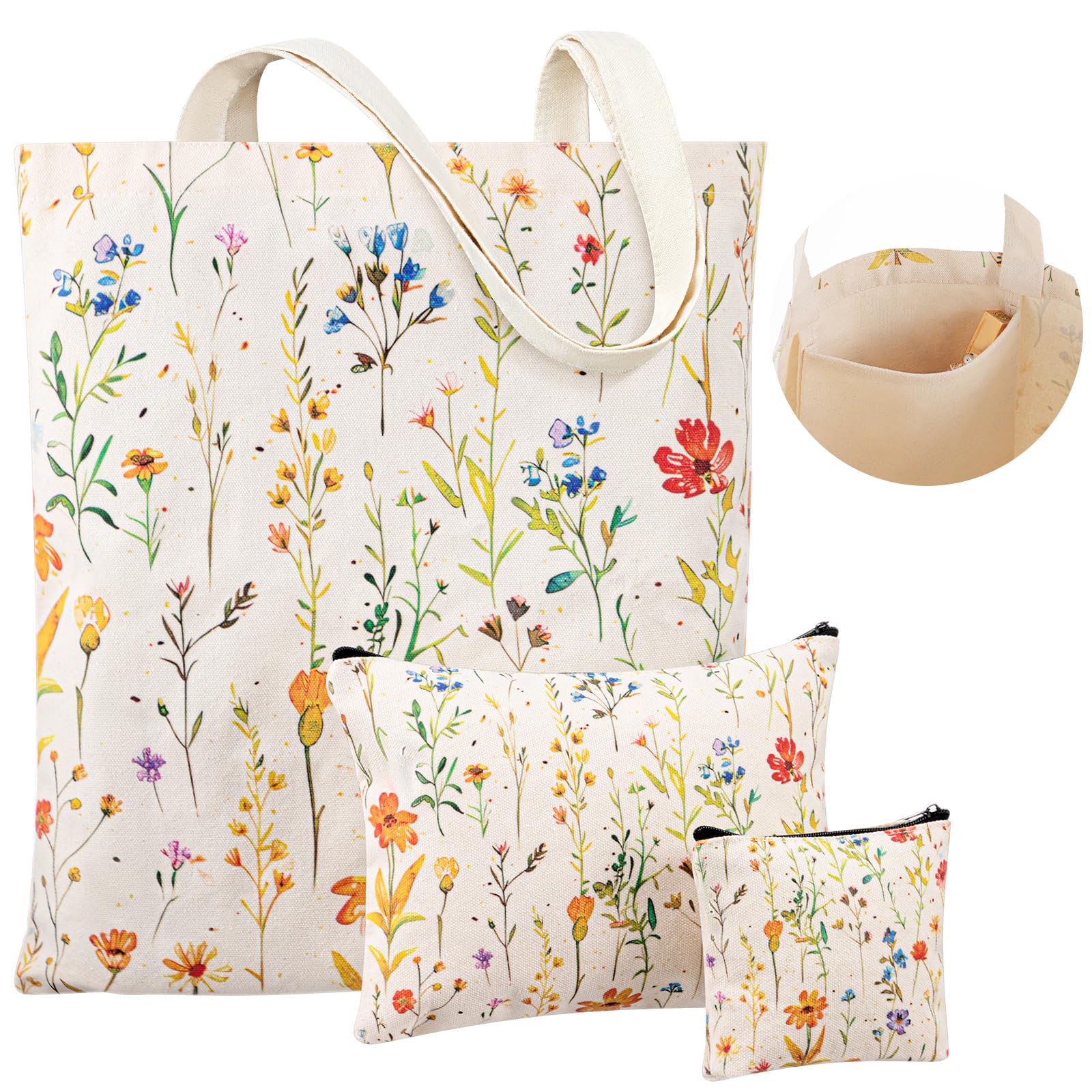 Shinylin 3 Pcs Wildflower Aesthetic Canvas Tote Bag Makeup Coin Purse Set with Zipper Reusable Grocery Shopping Flowers Cute Cos