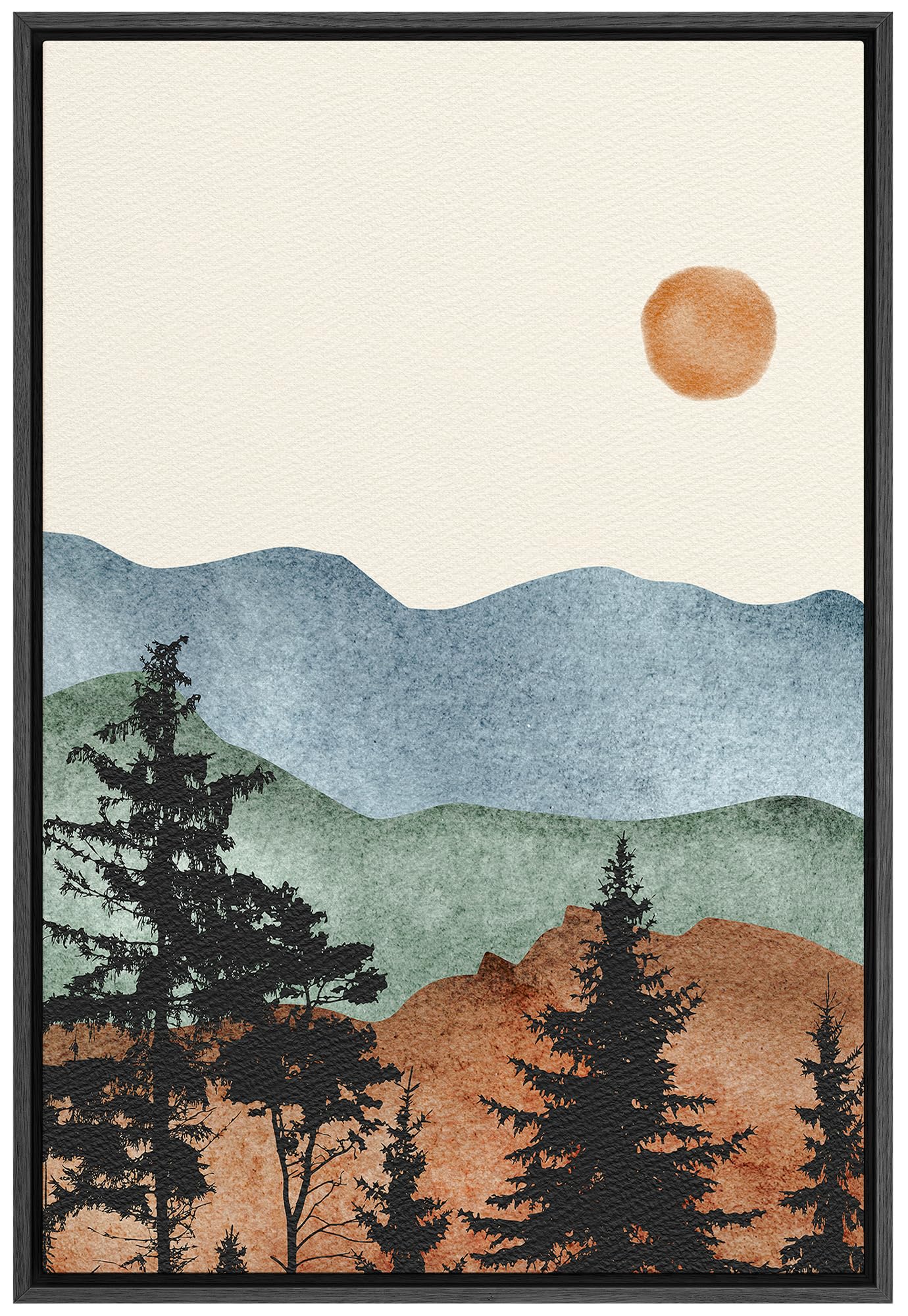 Signford Framed Canvas Print Wall Art Mountain Landscape With Trees And Setting Sun Nature Wilderness Illustrations Modern Art D