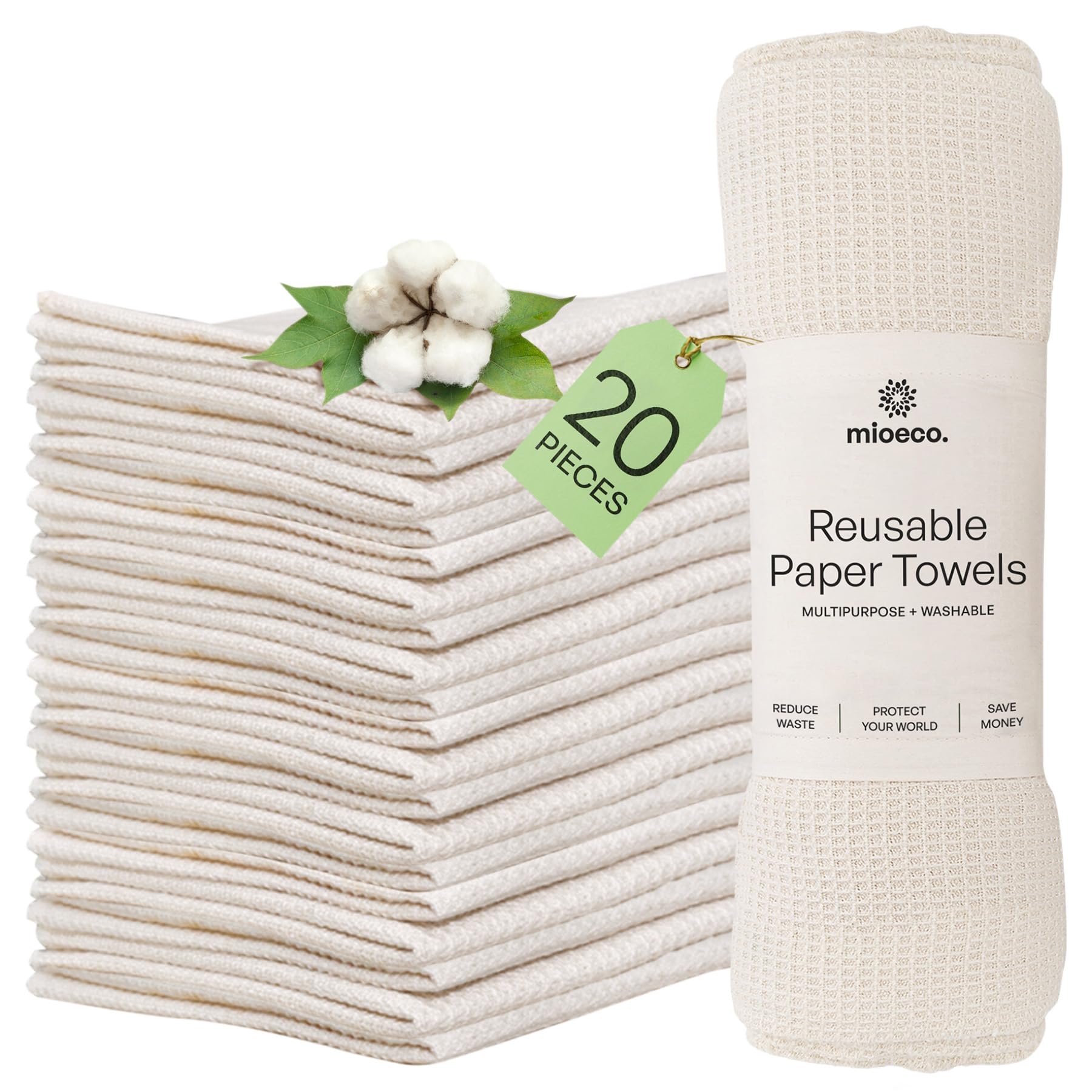 Mioeco 20 Pack Reusable Paper Towels Washable - Nature Friendly - Organic Cotton Alternative - Thick, Strong, Paperless Kitchen
