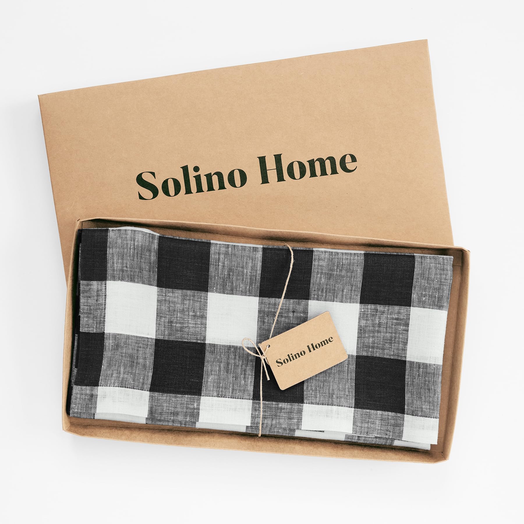 Solino Home Buffalo Check Linen Square Tablecloth 52 X 52 Inch - 100% Pure Linen Black And White Plaid Table Throw - Machine Was