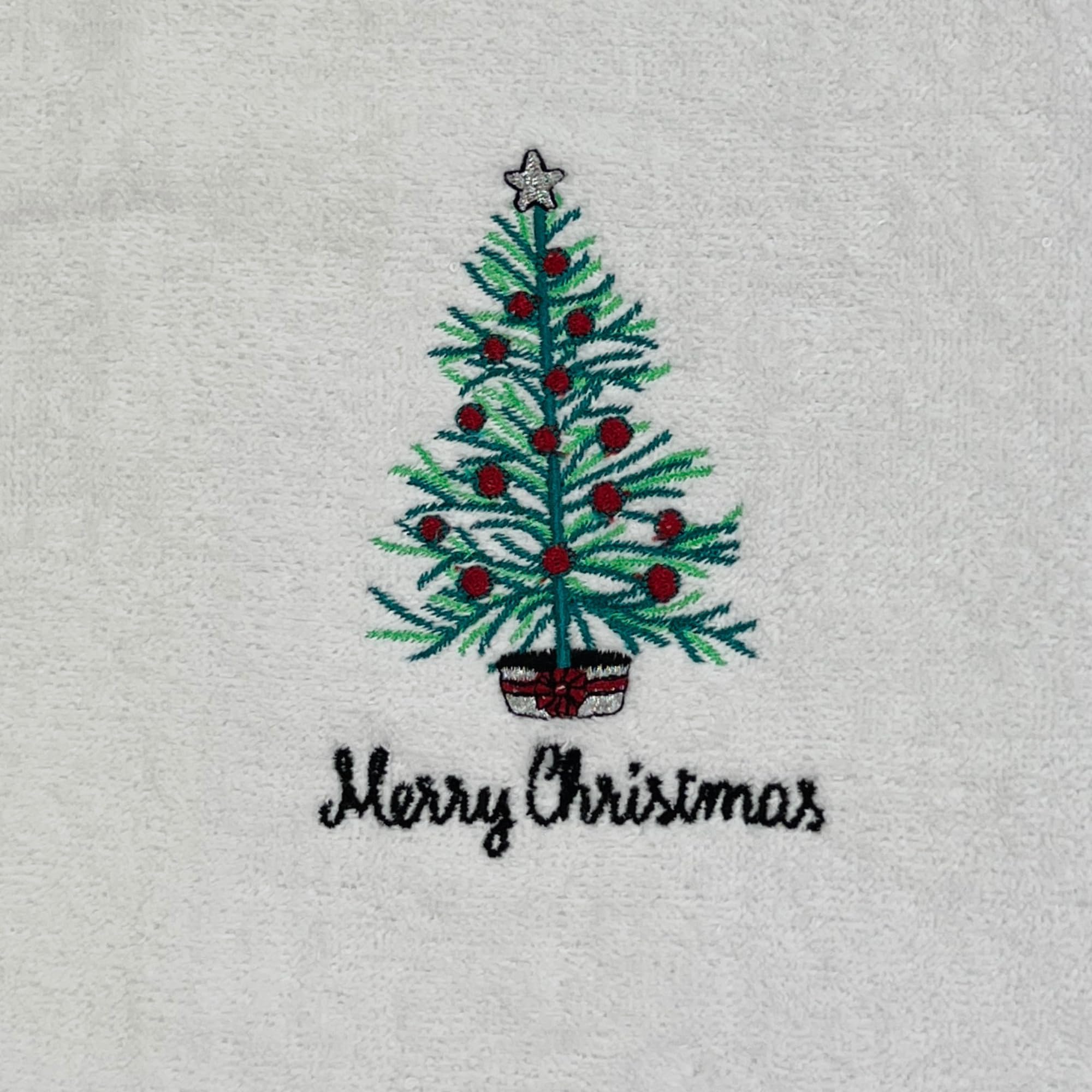 Luxury Winter Holiday Christmas Bath Kitchen Hand Towel Set: Decorated White Rustic Christmas Tree, Merry Christmas Motif, Velou