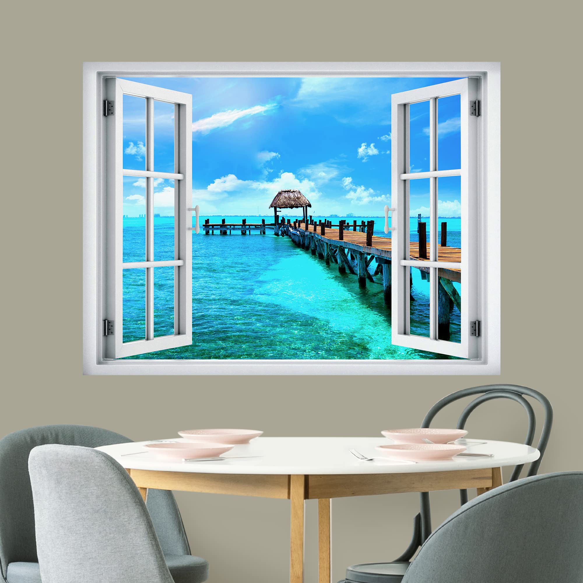 wall26 Removable Wall Sticker/Wall Mural Window View Tropical Beach Ocean Horizon Hawaiian Pier Nature Wilderness Photography Realism Landscape Multicolor for Living Room  Bedroom  Office - 36''x48''