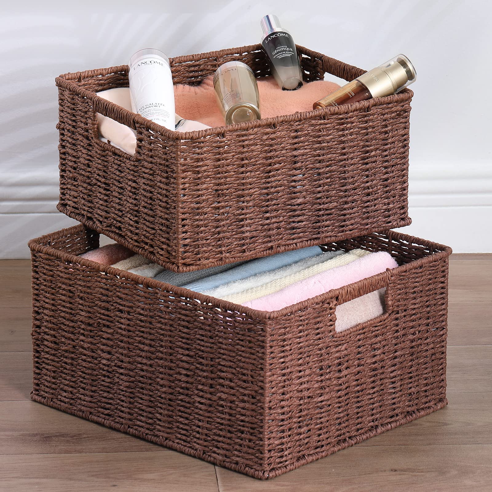 HOONEX Large Woven Baskets for Storage  Paper Rope Baskets with Sturdy Metal Wire Frame  Baskets for Shelves  Set of 2  Dark Brown