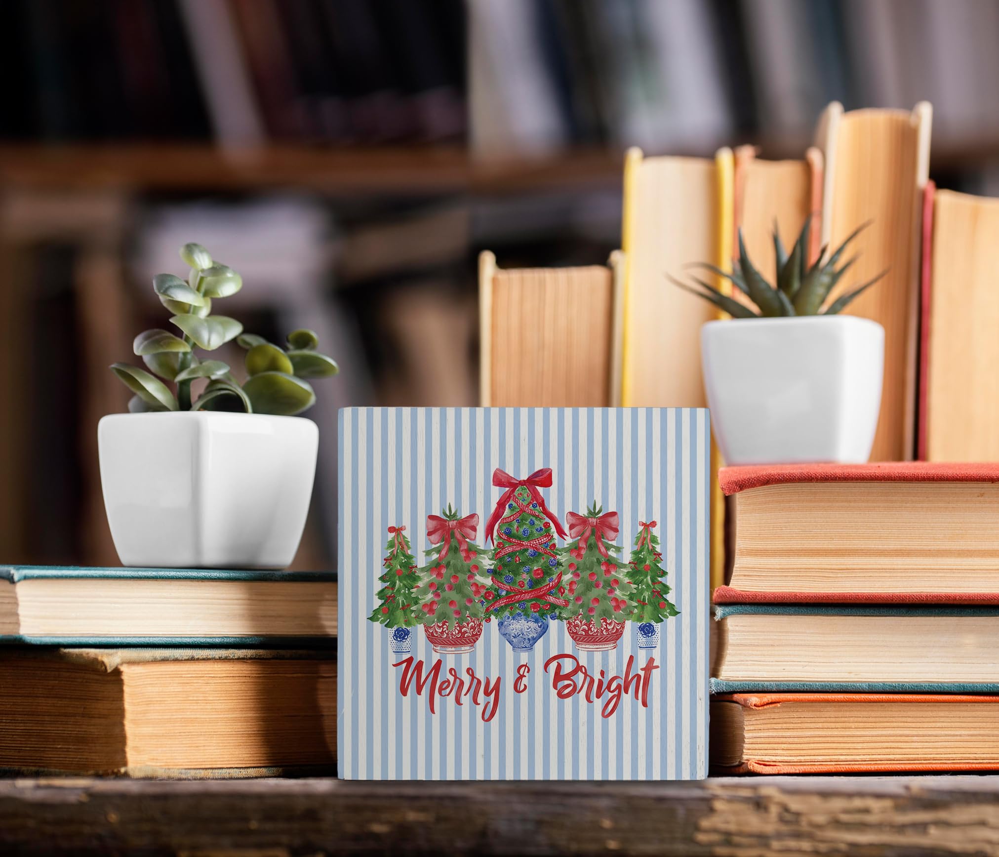 kunlisa Chinoiserie Christmas Tree Wooden Sign, Grandmillennial Christmas Decor, Coquette Red Bow Porcelain Xmas Tree Wood Box S