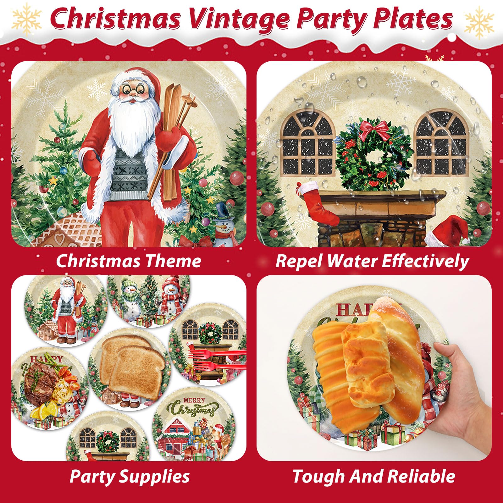 OBUSATT 100 Pcs Christmas Xmas Paper Plates Party Decorations Snowman Plates 7inch Disposable Christmas Tree Santa Dinner Plates