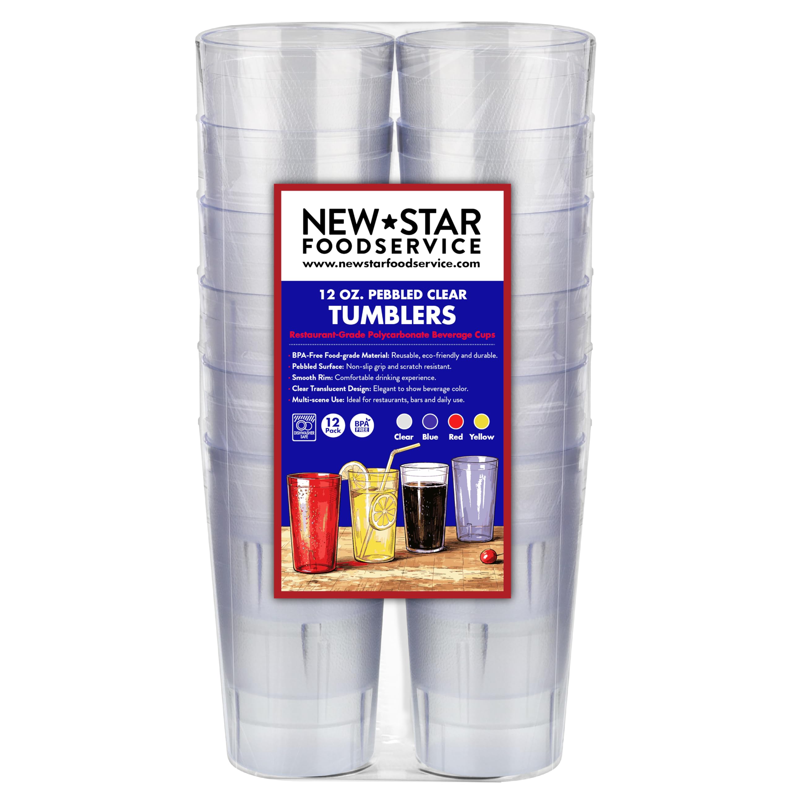 New Star Foodservice Restaurant-Grade Polycarbonate Beverage Tumblers, 12 oz, Clear, Set of 12