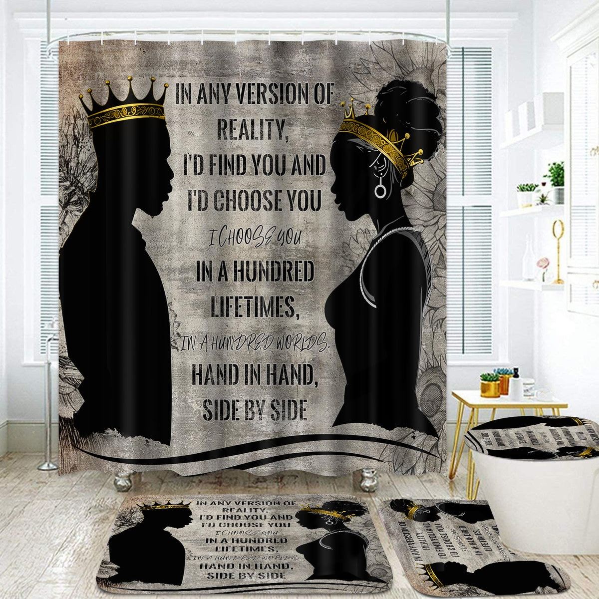 Omebero 4 Pcs Black King Queen Shower Curtain Set, Romantic Words Black Man Women Bathroom Sets With Shower Curtain And Rugs Toi